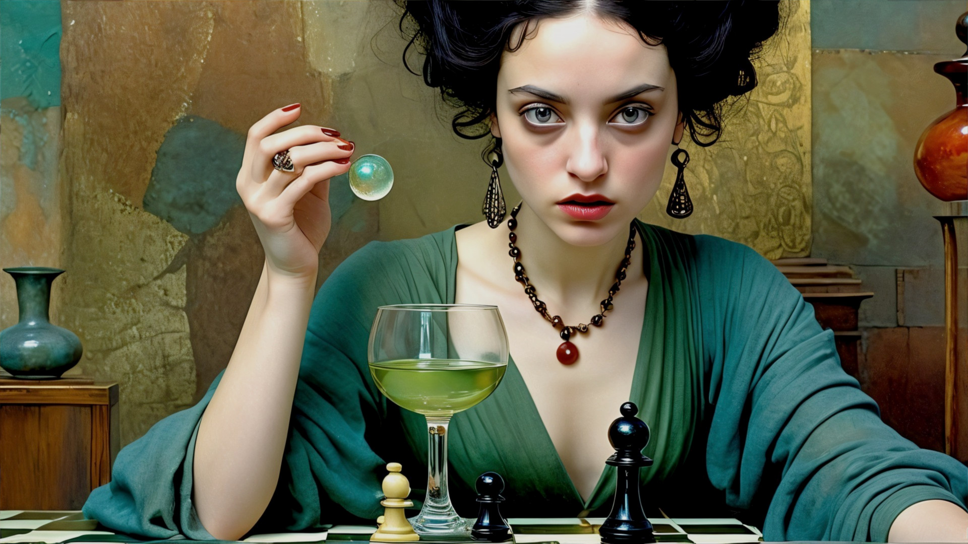 Elegant Woman at Chessboard with Glowing Orb and Drink
