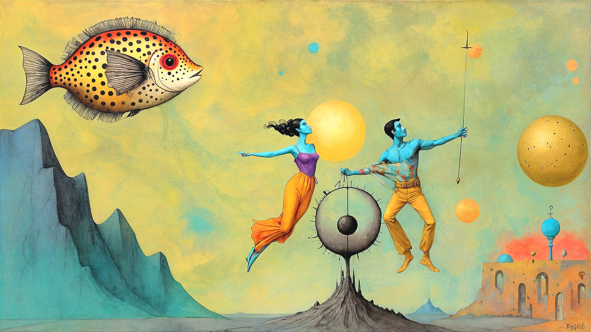 Surreal Landscape with Whimsical Fish and Figures