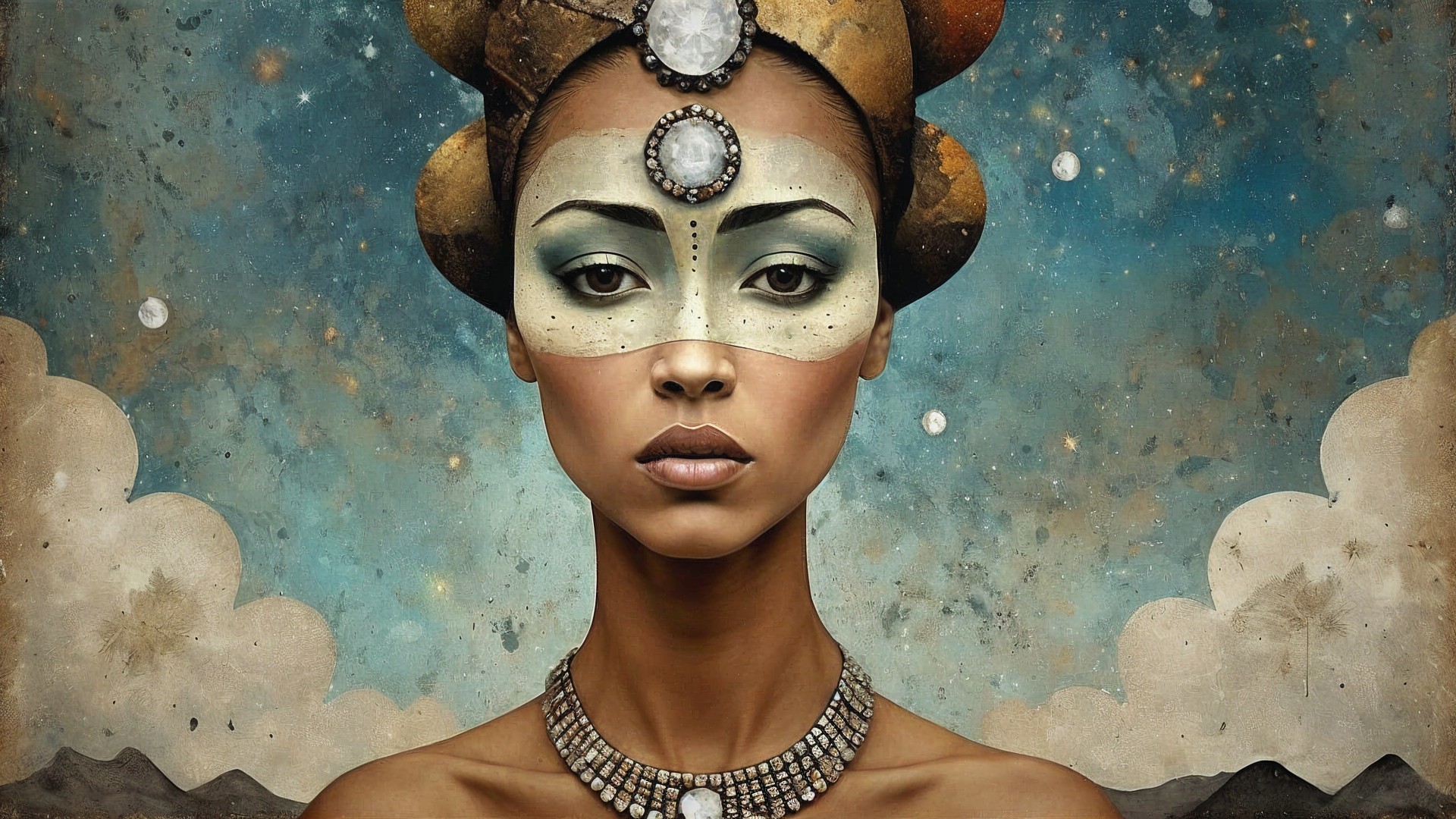 Portrait of a woman with intricate makeup and unique hair