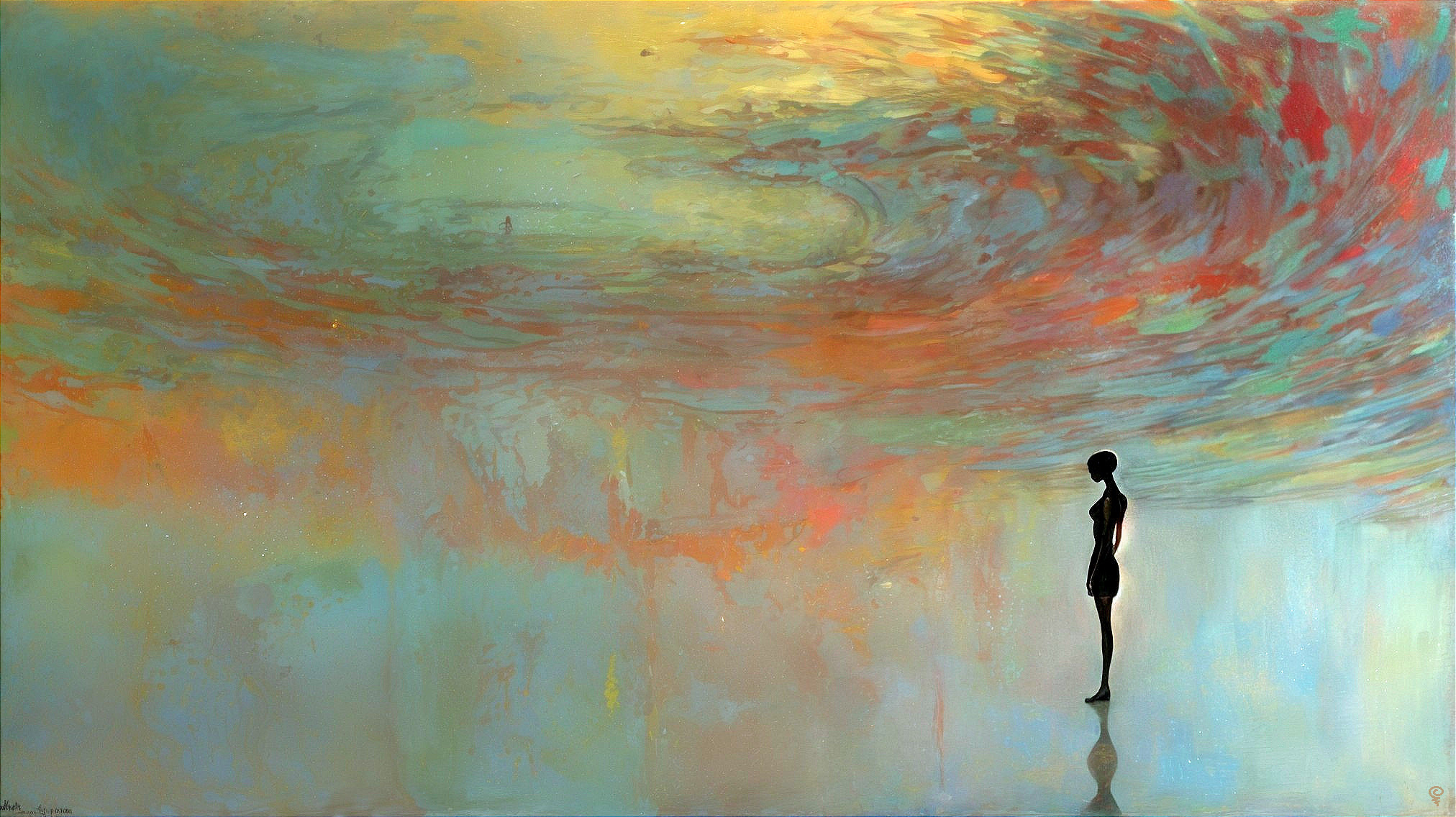 Solitary Figure Reflecting Under Vibrant Sky