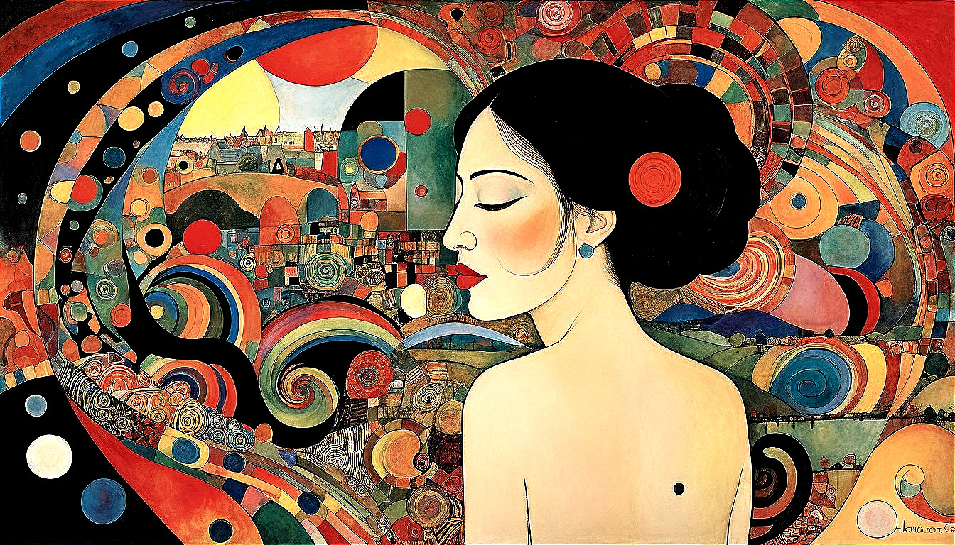 Serene Woman with Floral Hair in Vibrant Abstract Art