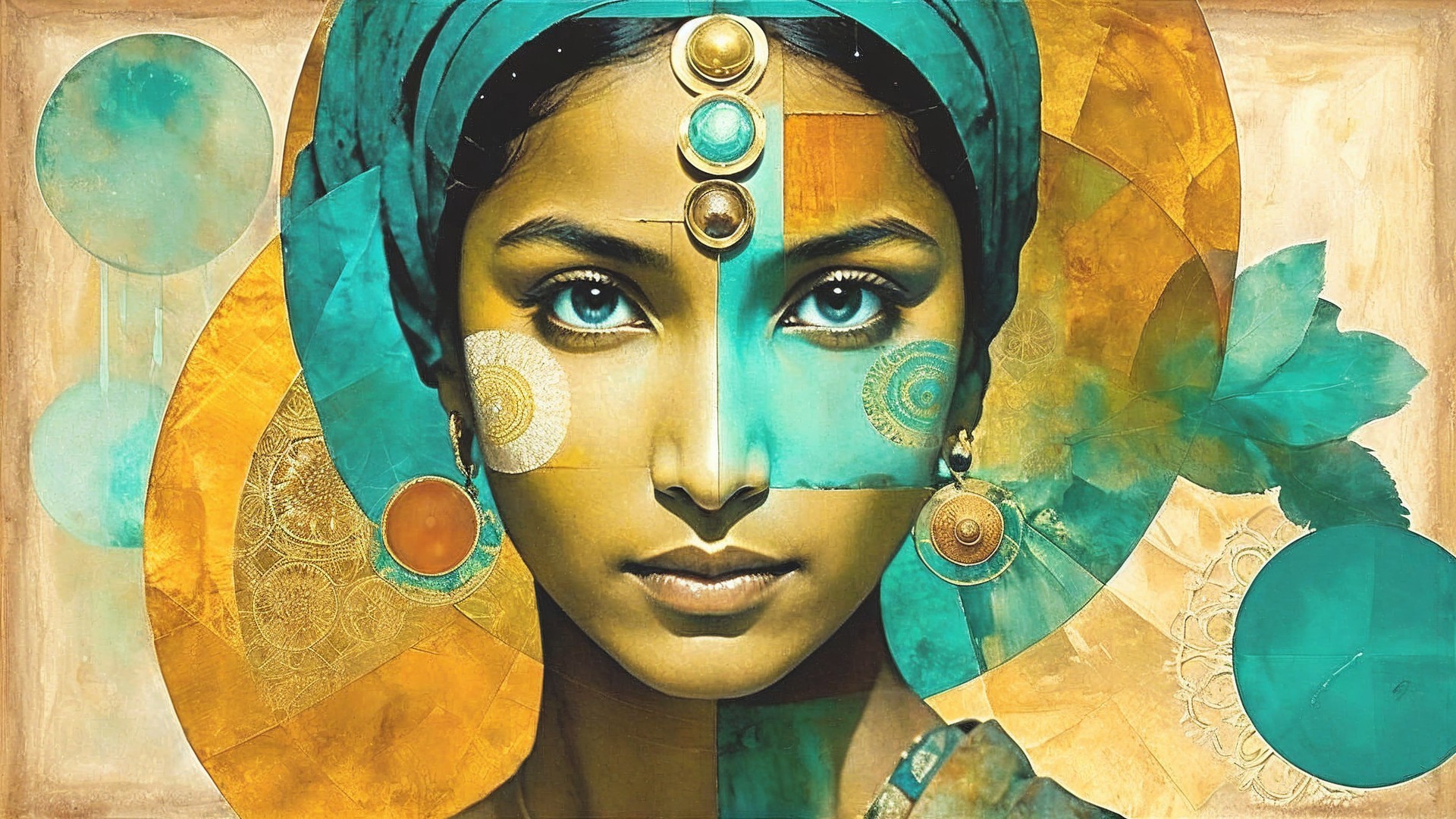 Portrait of a woman with vibrant turquoise and gold hues