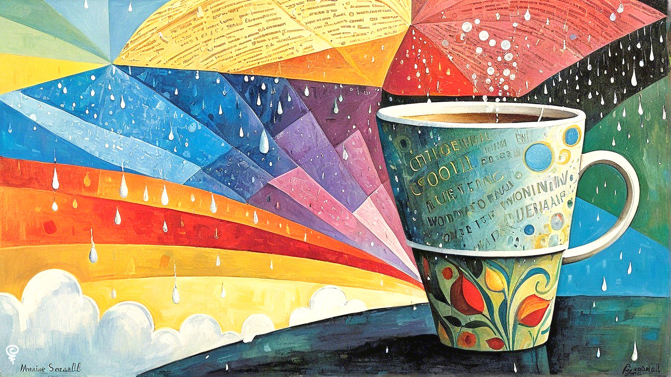 Colorful Umbrella Over Decorative Coffee Cup