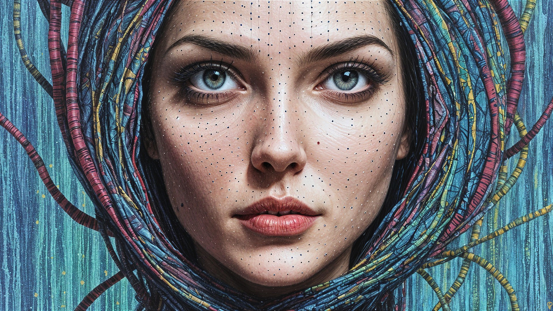 Portrait of a woman with large eyes and textured lines