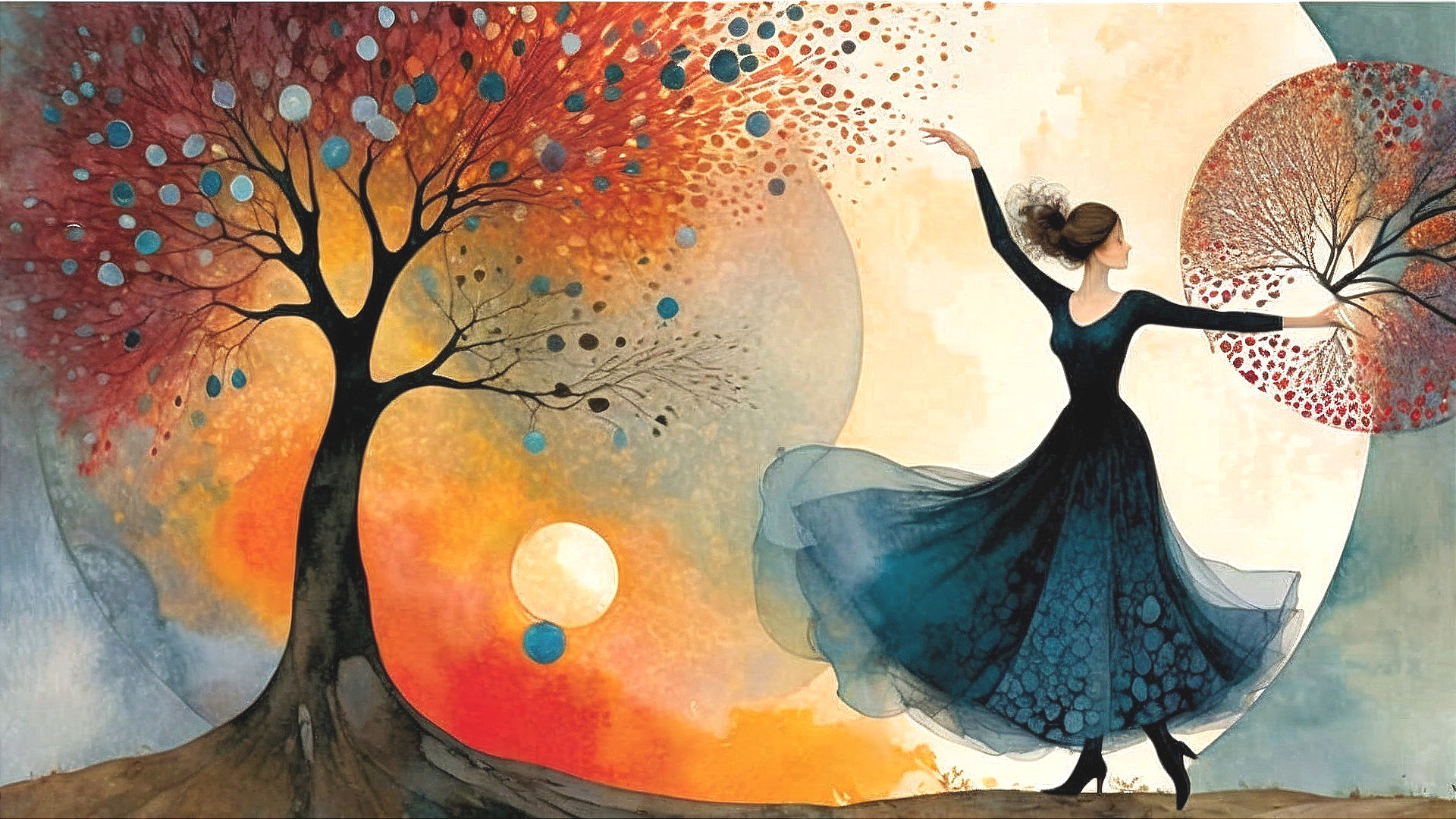 Woman in Blue Dress Dancing in Vibrant Landscape