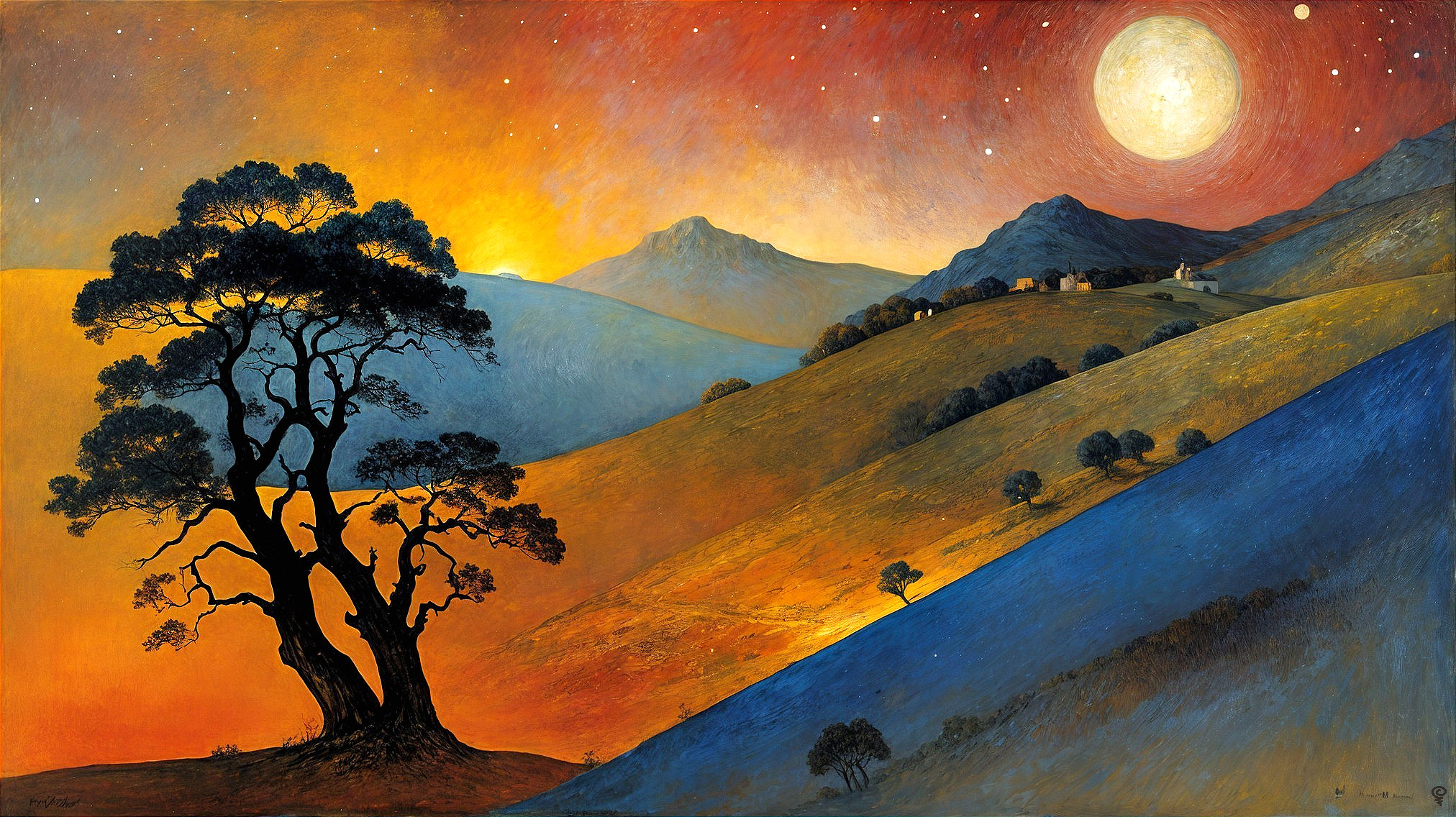Twilight Landscape with Tree and Rolling Hills
