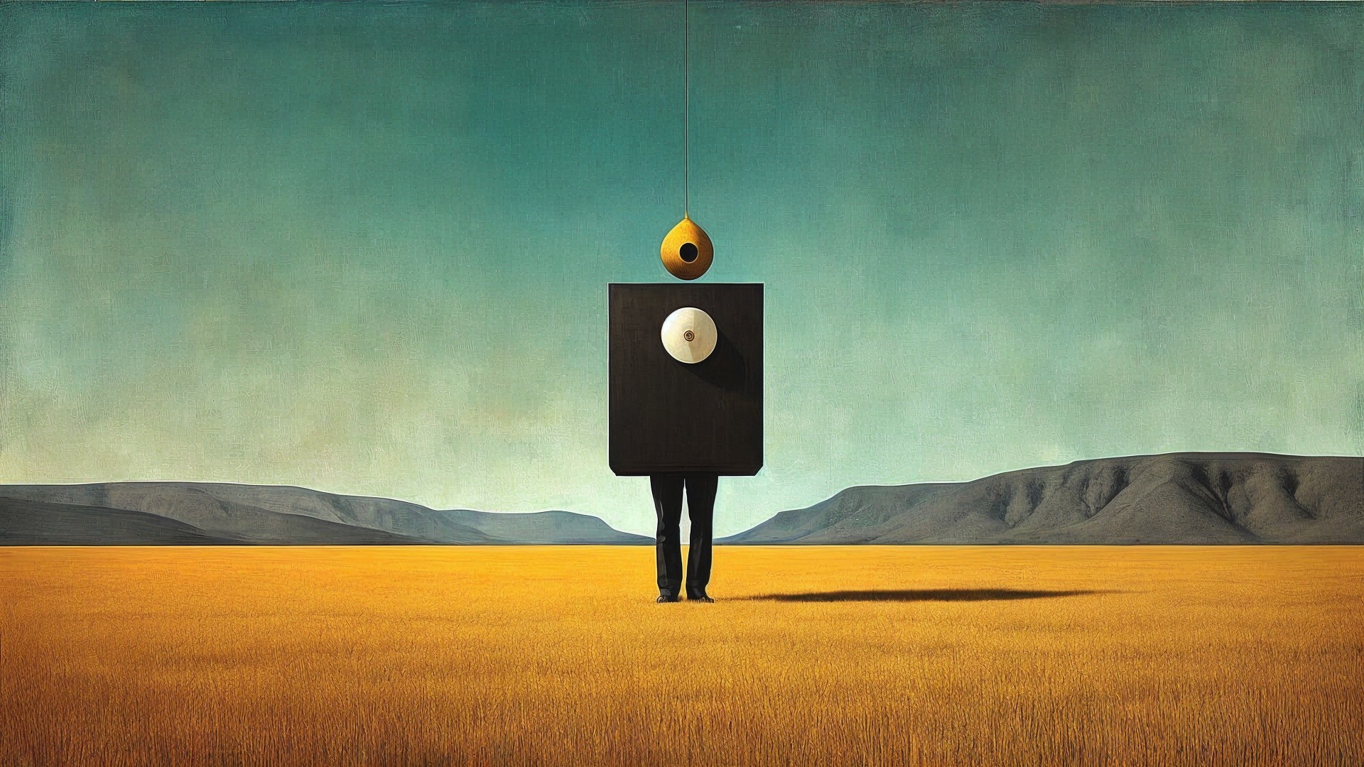Surreal Landscape with Geometric Figure and Droplet