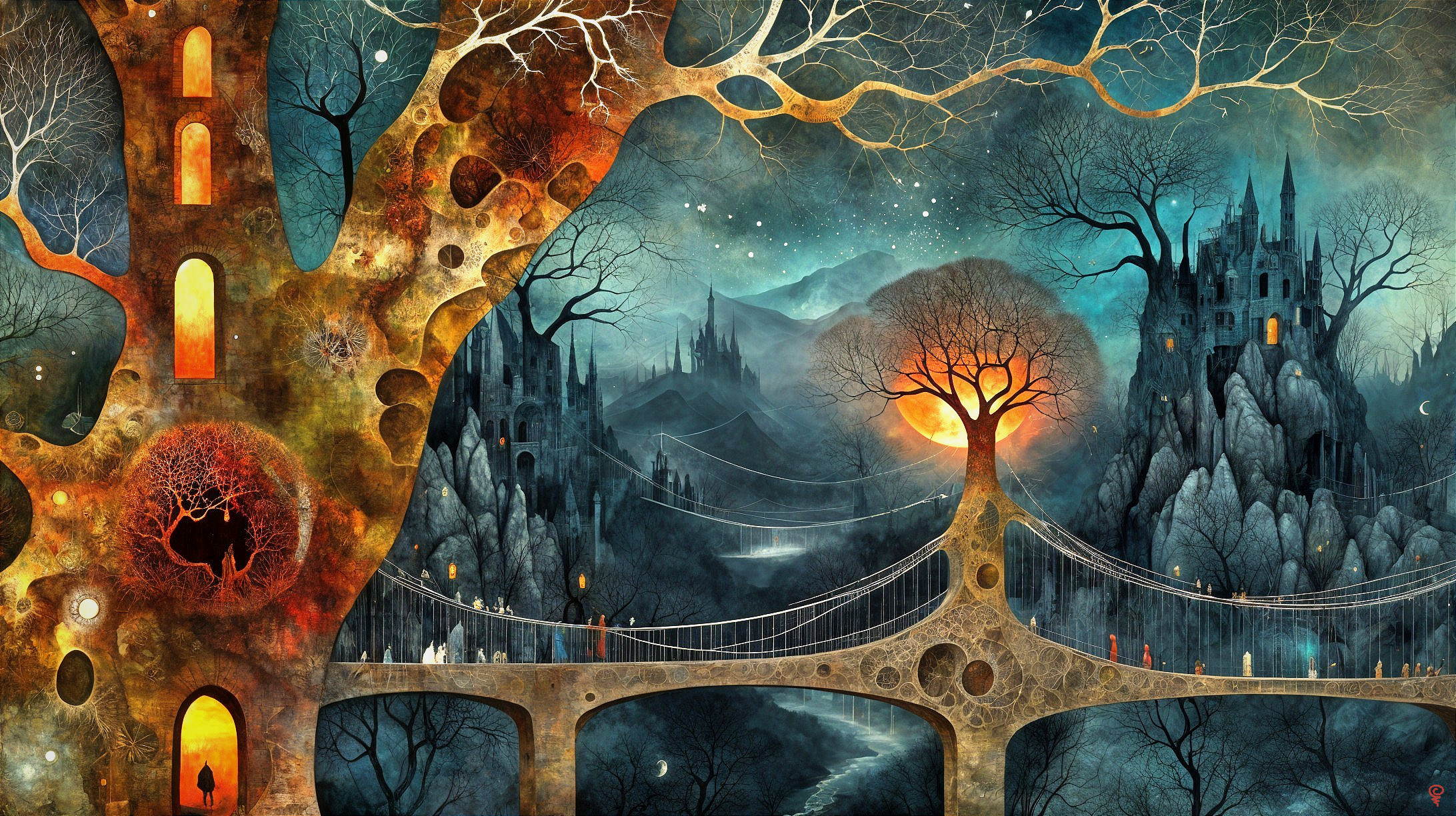Mystical Landscape with Fantasy Elements and Ethereal Figures