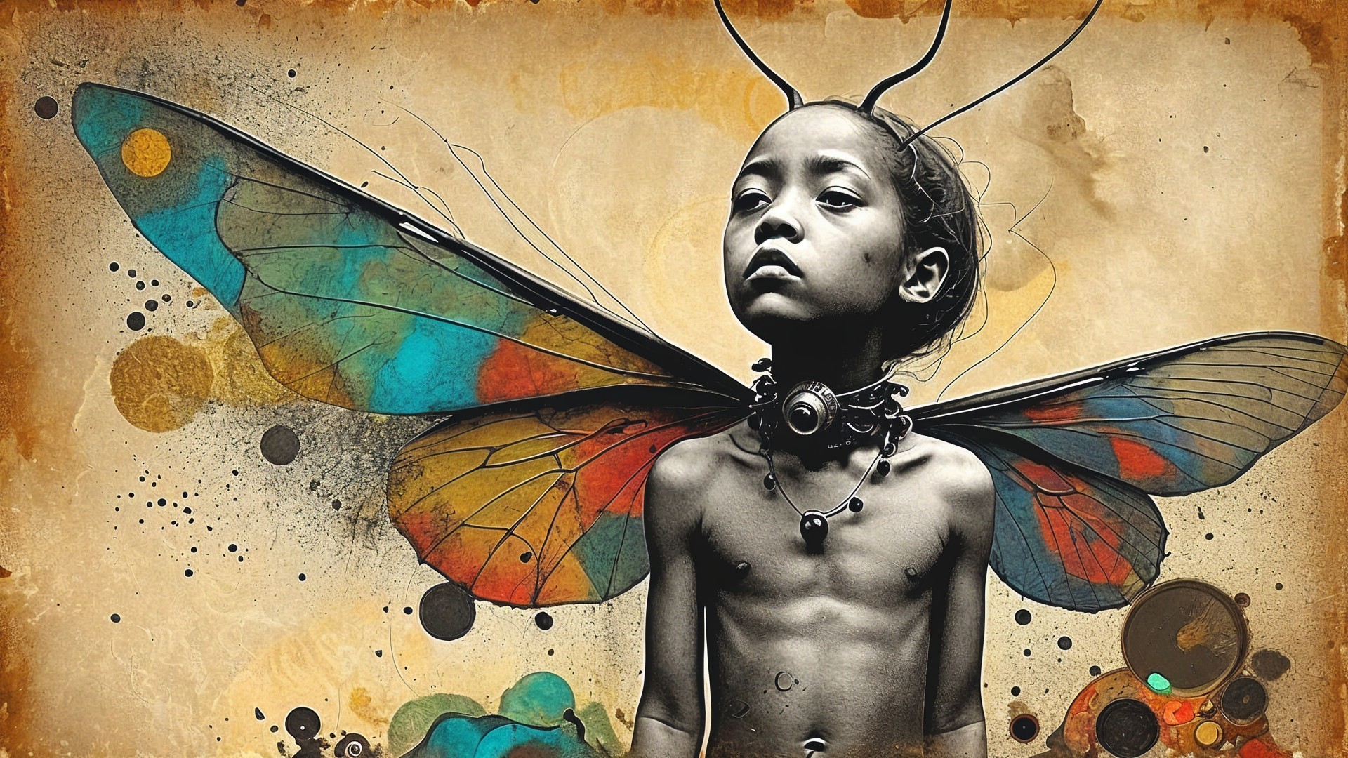 Surreal Artwork of Child with Vibrant Butterfly Wings