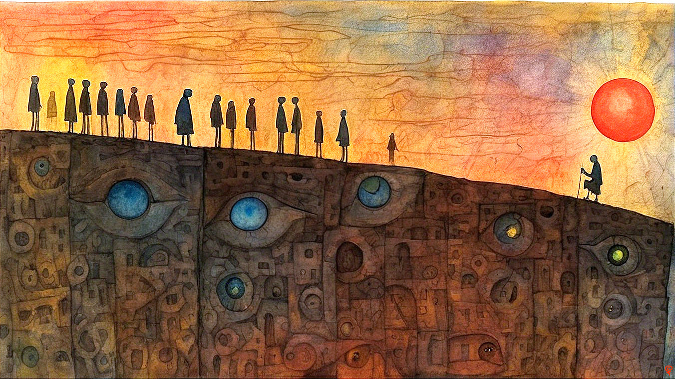 Vibrant Sunset with Silhouetted Figures and Abstract Shapes