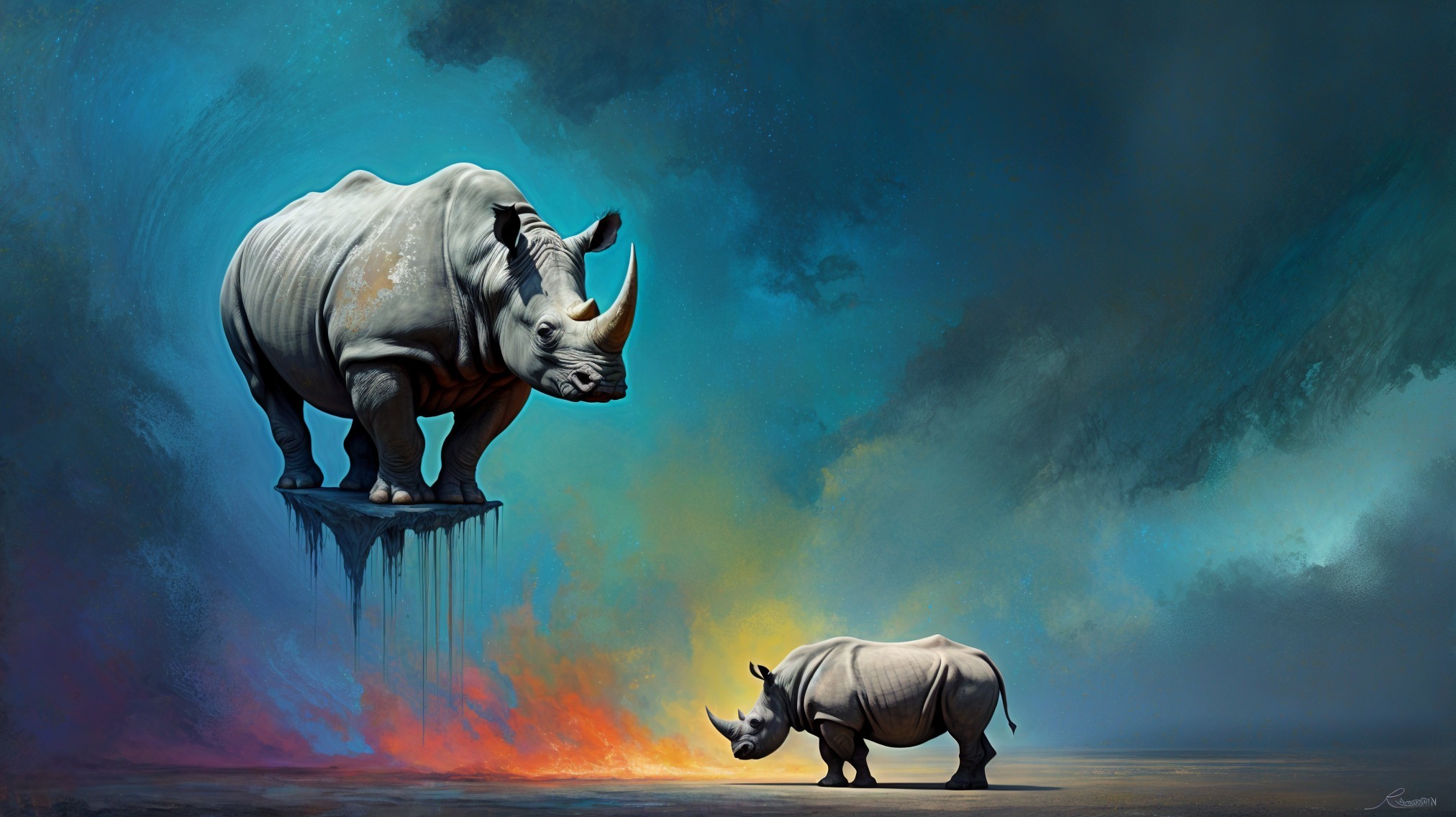Stylized Rhinoceroses in Vibrant Surreal Background