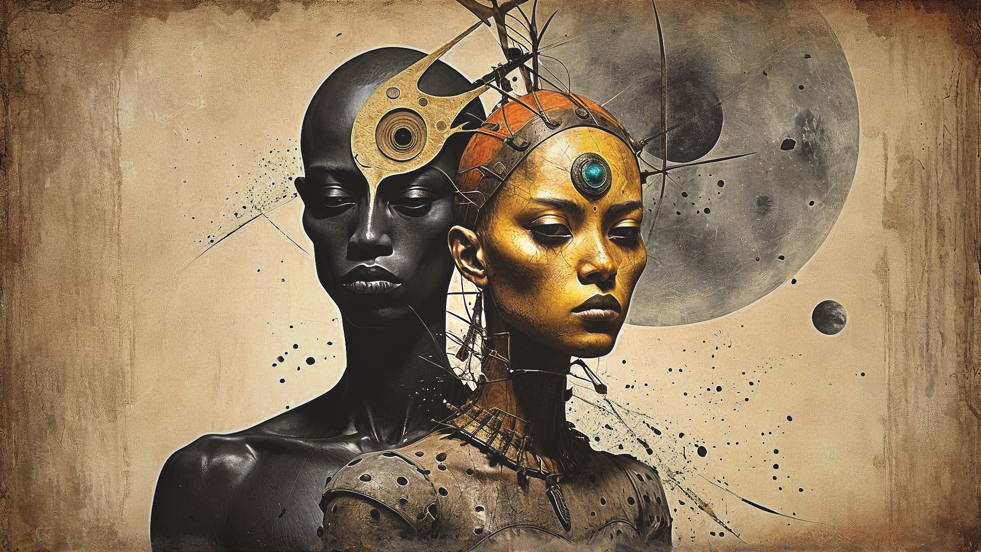 Stylized Figures with Futuristic Accessories and Abstract Background