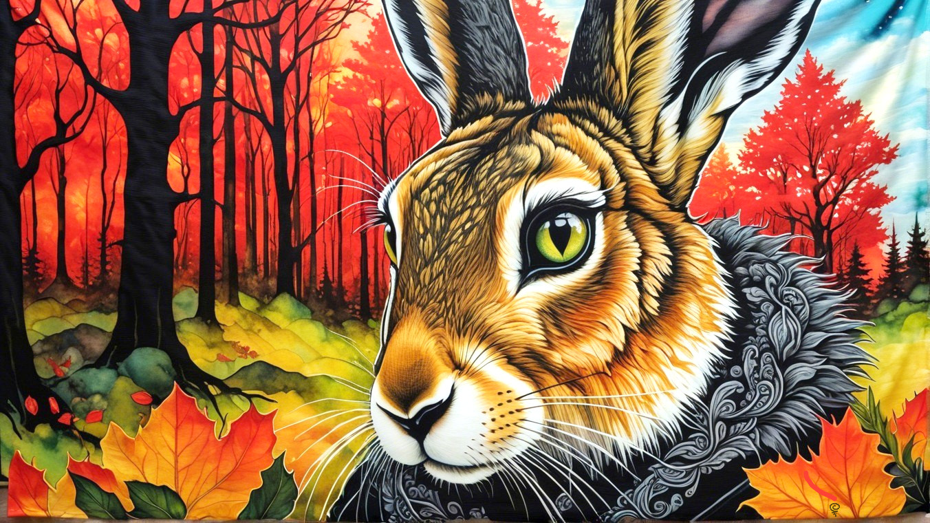 Vibrant Artwork of a Hare Amidst Autumn Trees