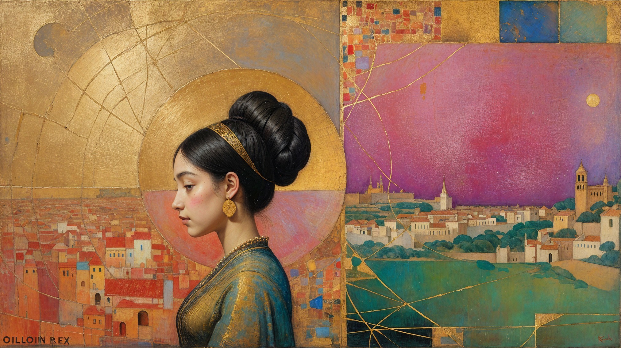 Profile of a Serene Woman Against Dual Landscapes