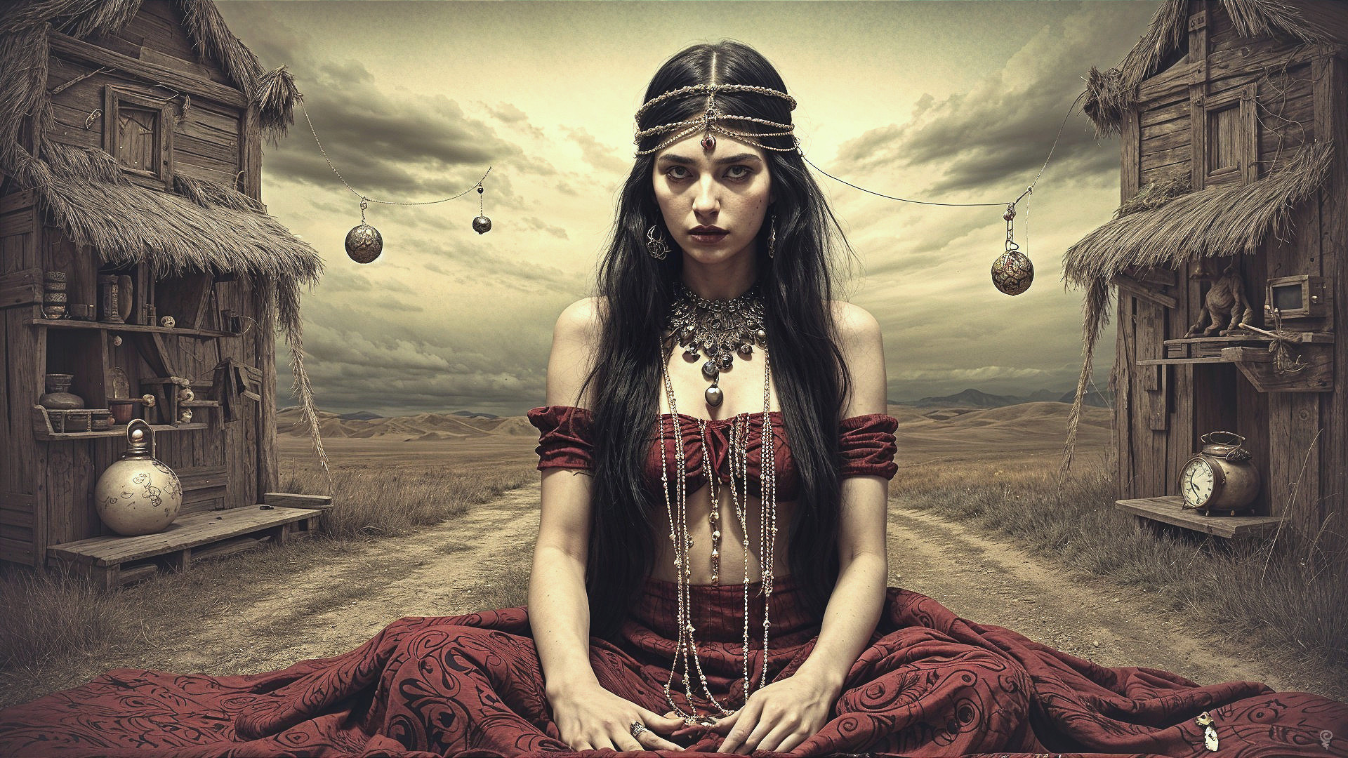Ornate figure in red gown amid barren landscape