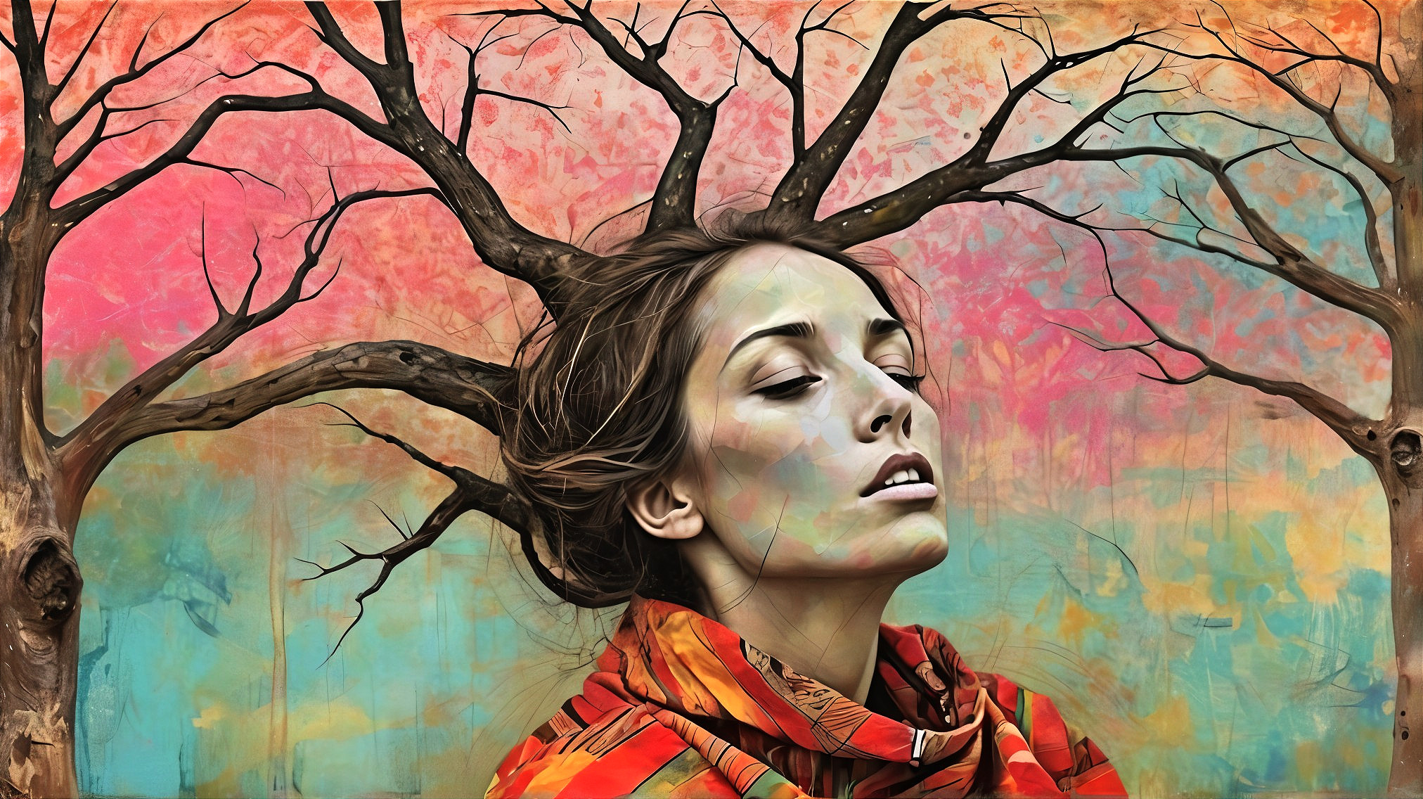 Serene Woman Blending with Tree Branches in Colorful Scene