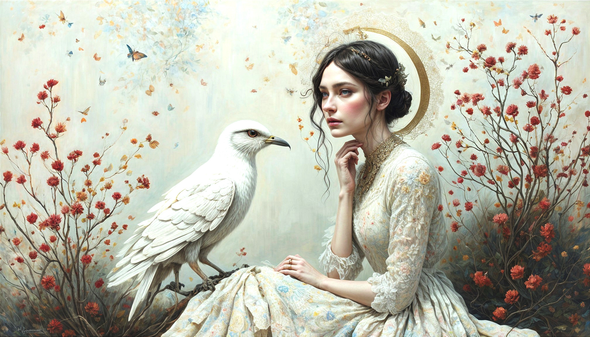 Serene woman in white dress with large white bird