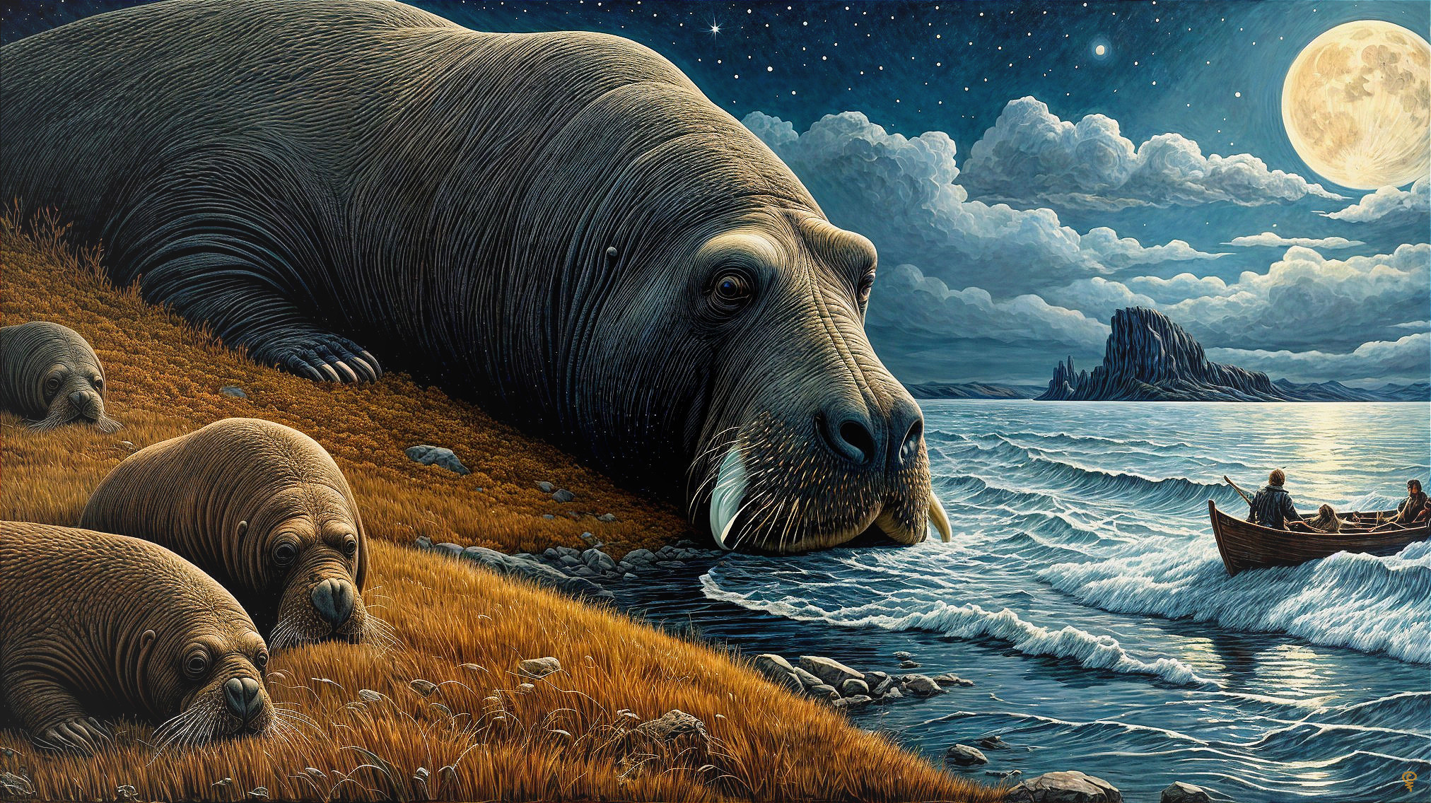 Giant walrus by mountains and moonlit waterscape