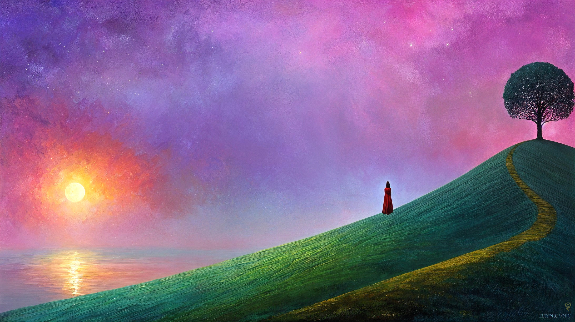 Solitary Figure in Red Dress Against Sunset Landscape