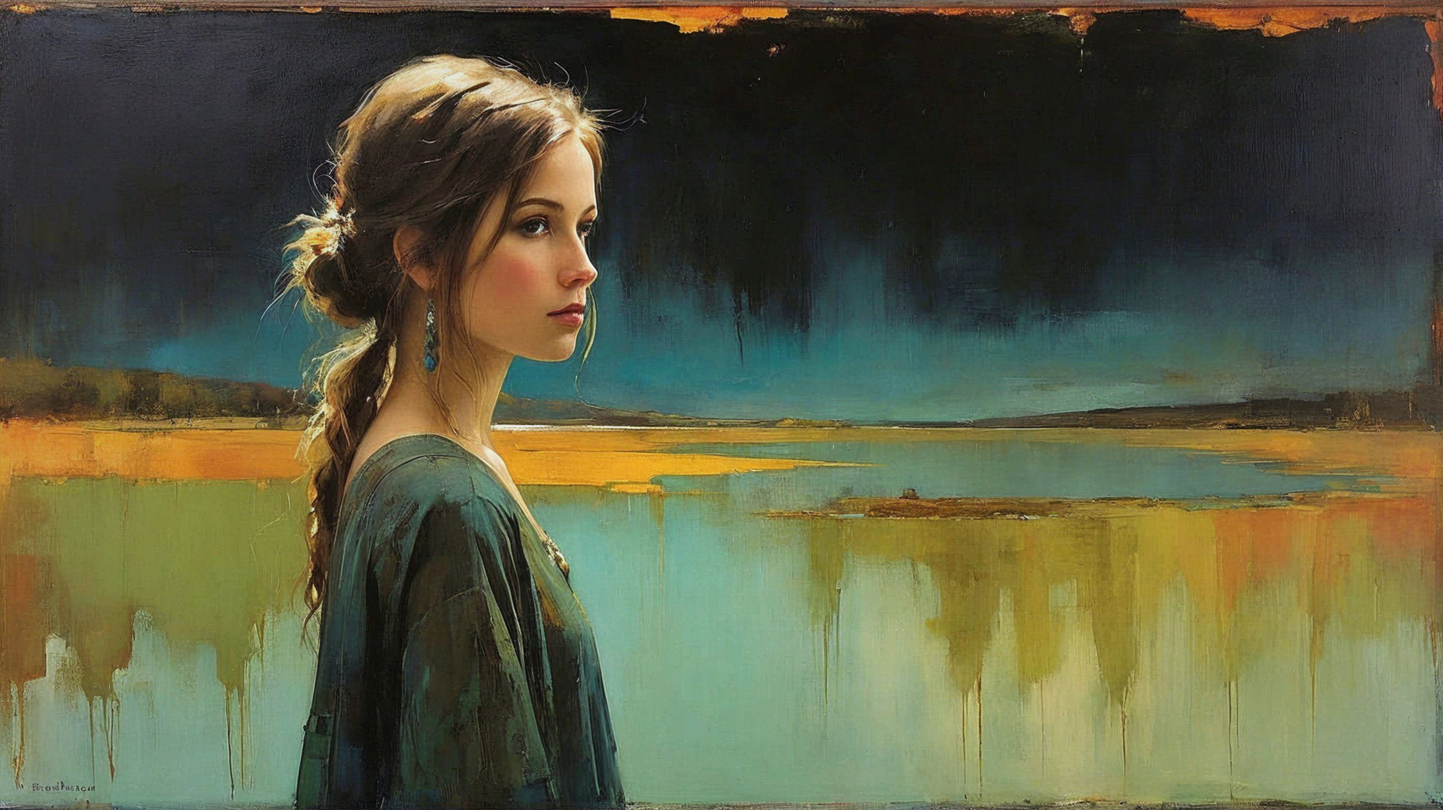 Serene Portrait of a Young Woman by a Lakeside