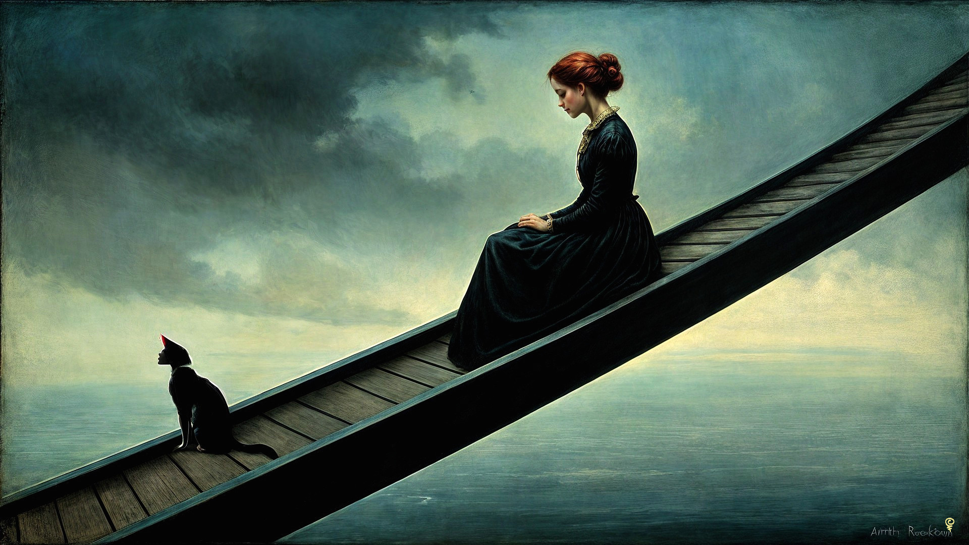 Young Woman and Cat in Surreal Landscape Setting