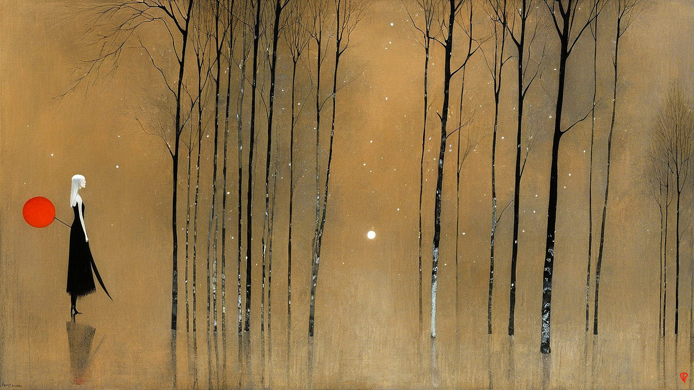 Solitary Figure in a Snowy Forest with Red Balloon