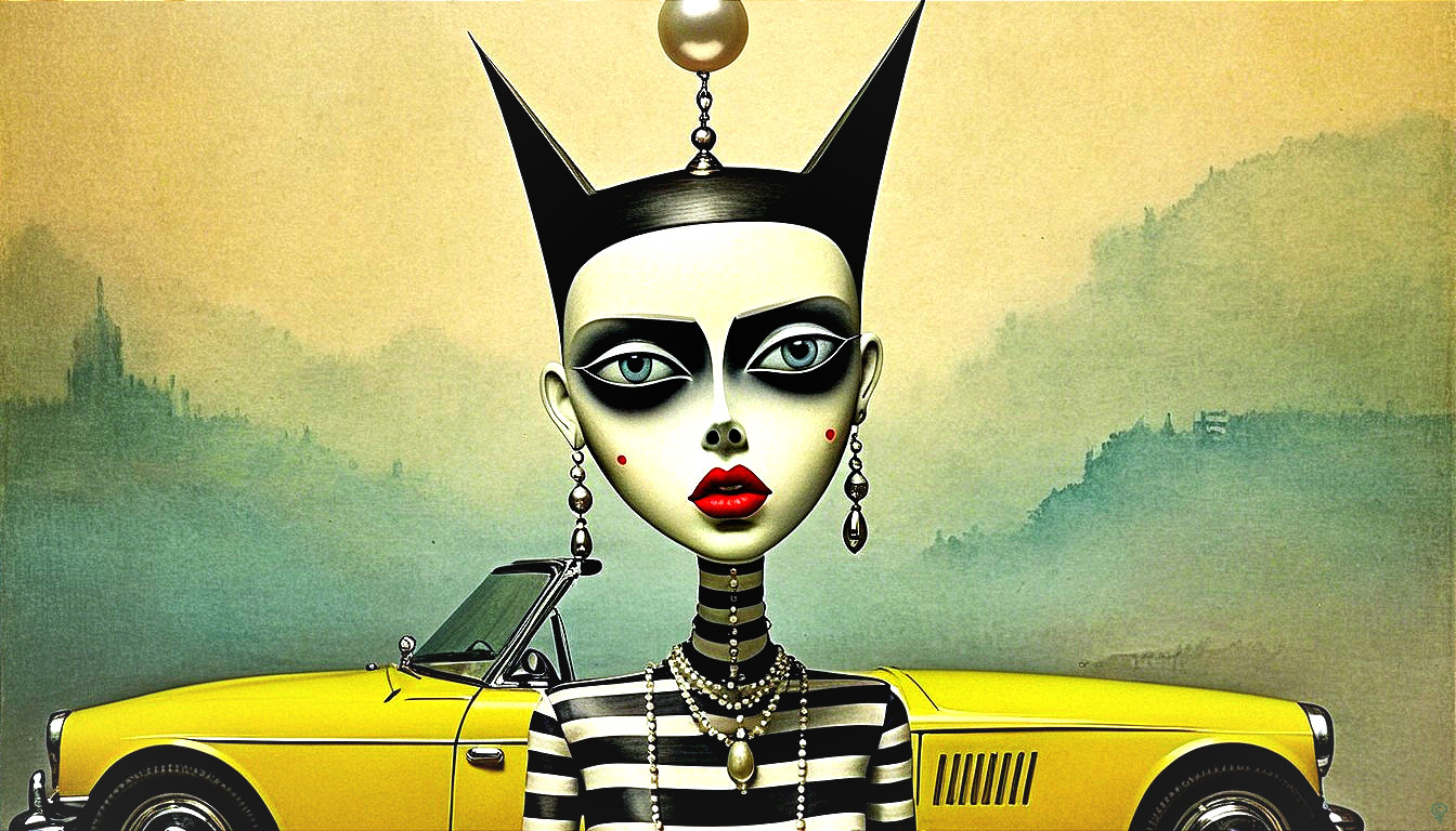 Elongated Figure with Striped Outfit and Vintage Car