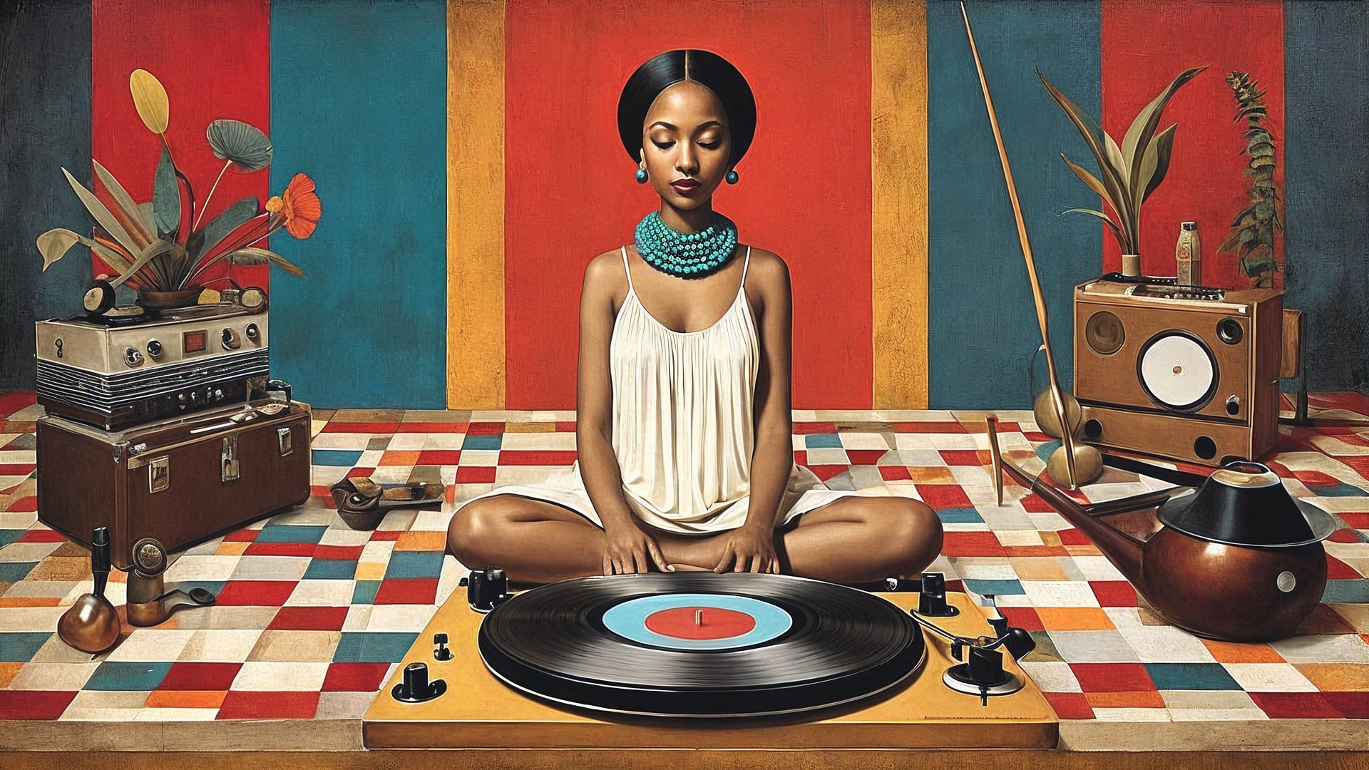 Serene Woman in Colorful Room with Vinyl Turntable