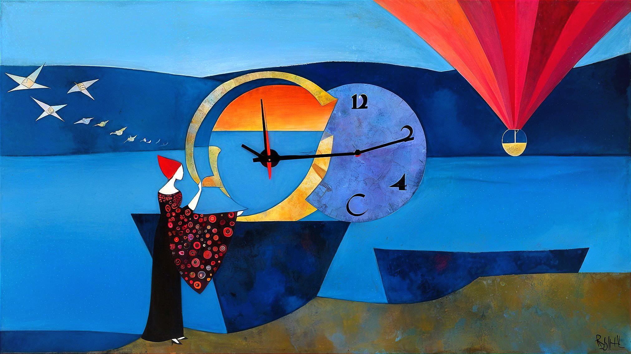 Serene landscape with woman, clock, and hot air balloon