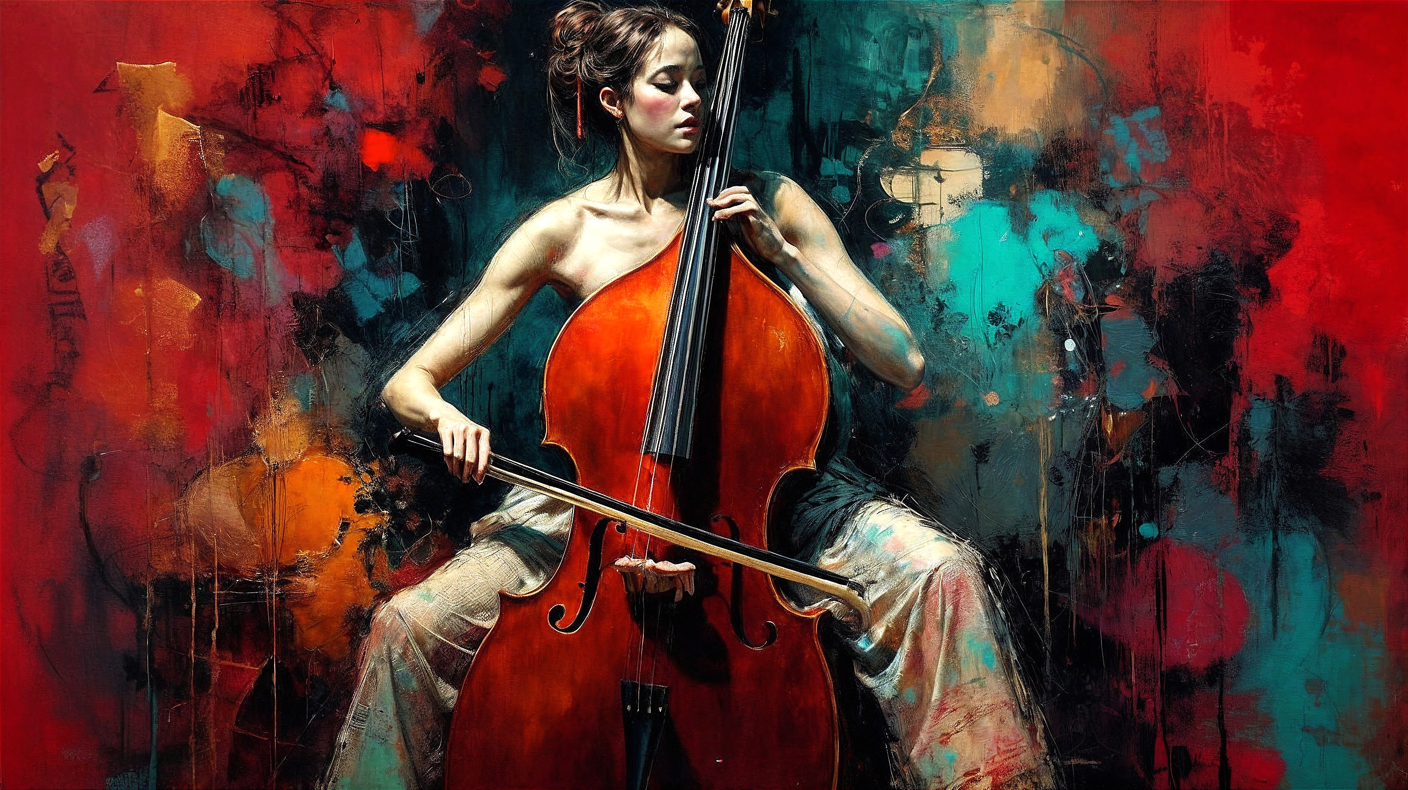 Young Woman Playing Cello Against Abstract Background