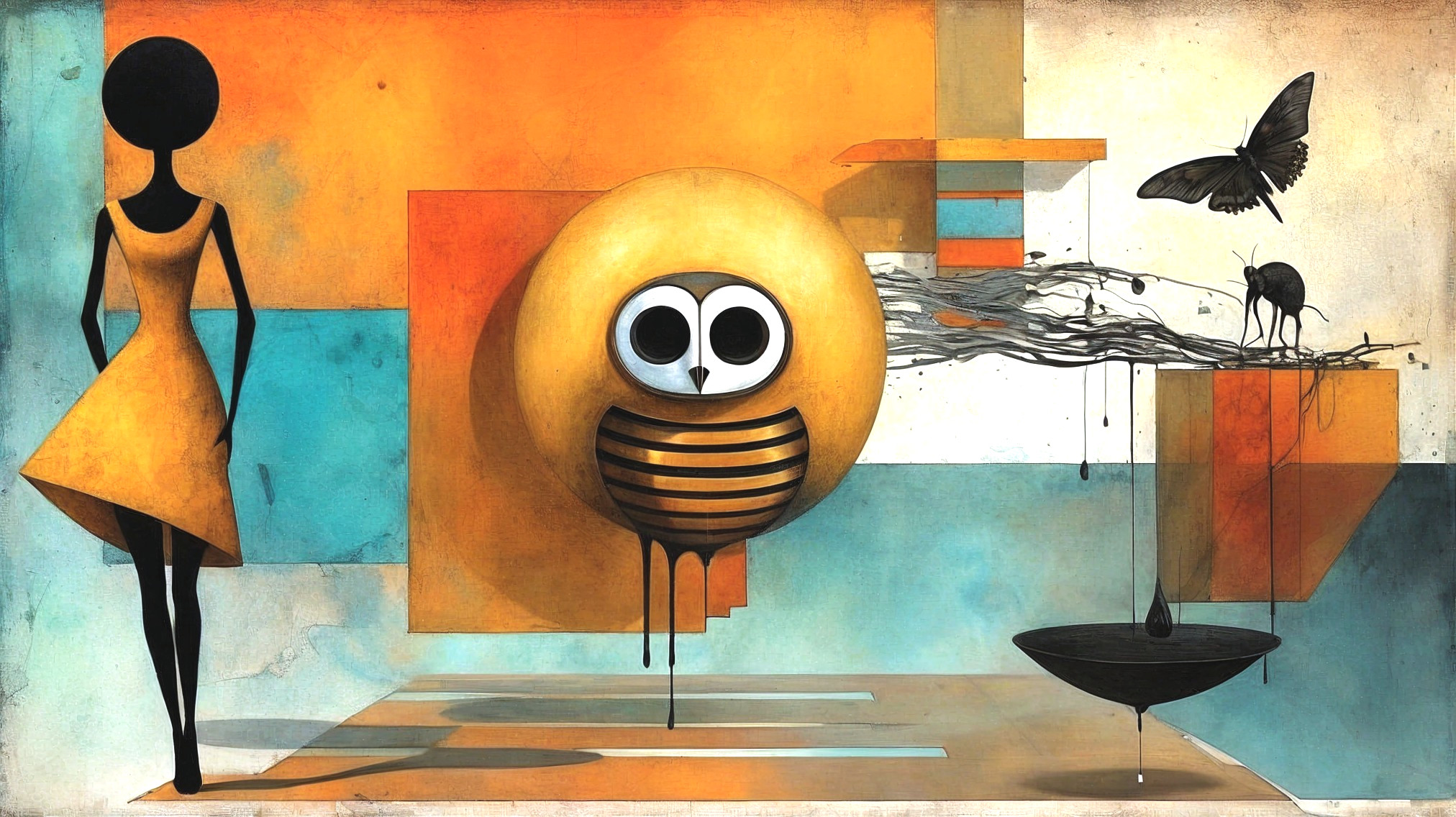 Abstract Composition with Yellow Owl and Geometric Shapes