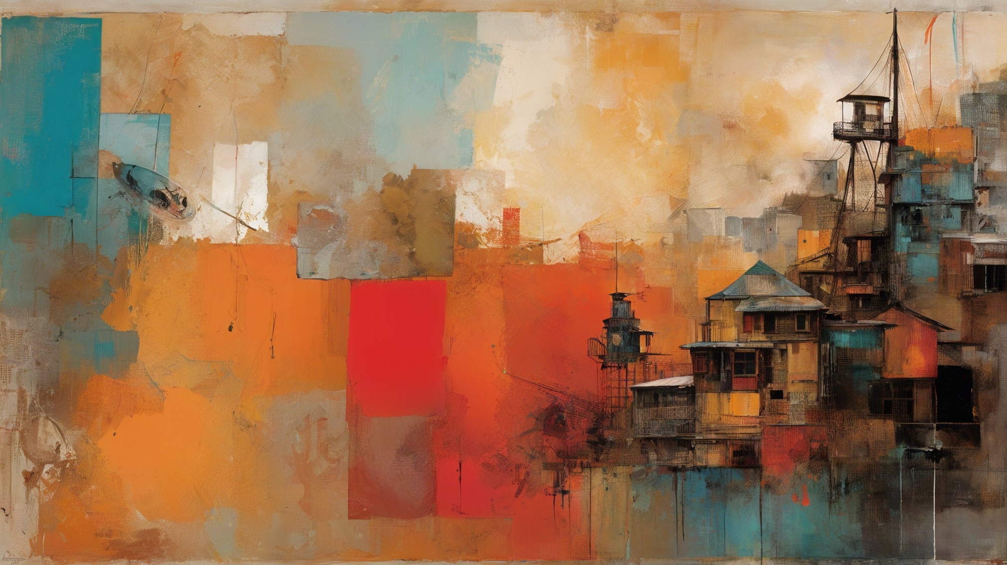 Abstract Painting with Vibrant Colors and Urban Elements