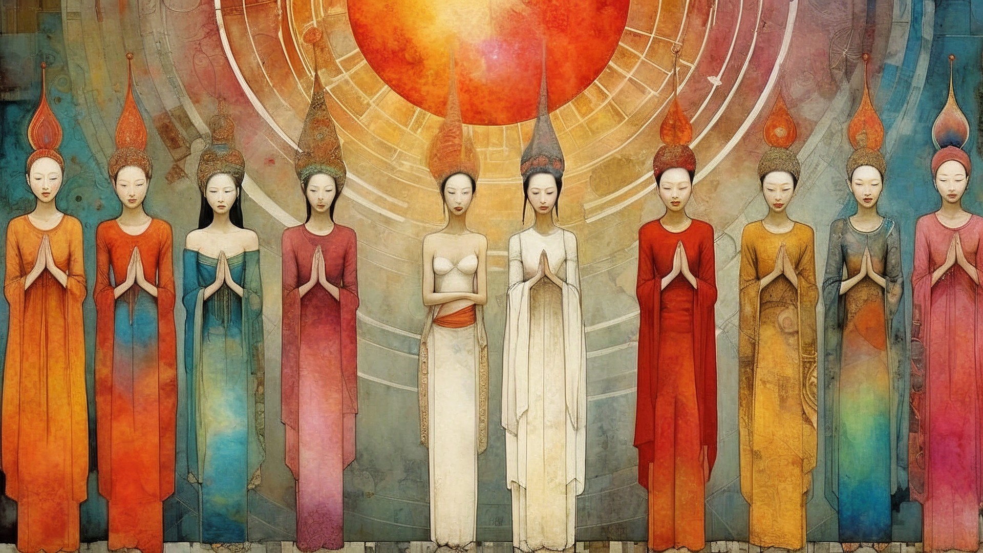 Vibrant Artwork of Nine Figures in Prayer with Sun