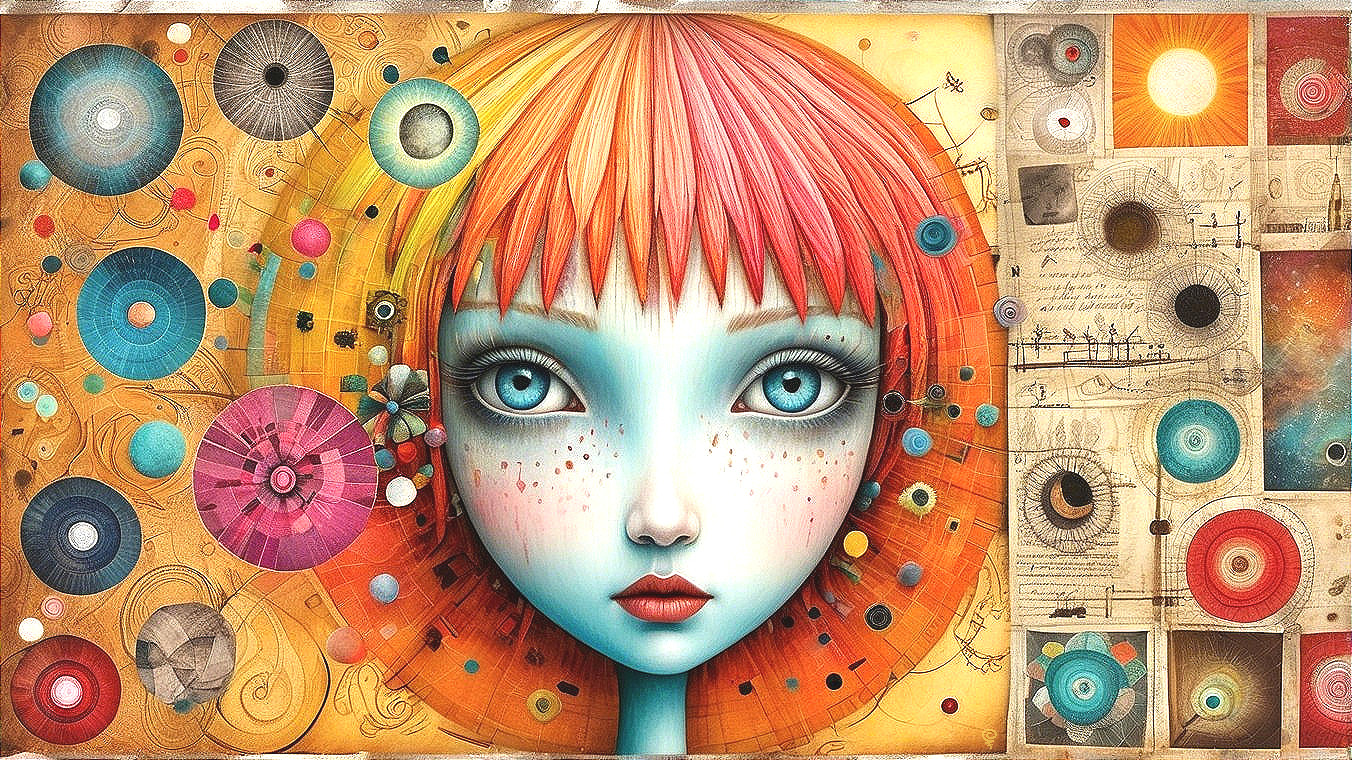 Ethereal girl with vibrant hair and abstract patterns