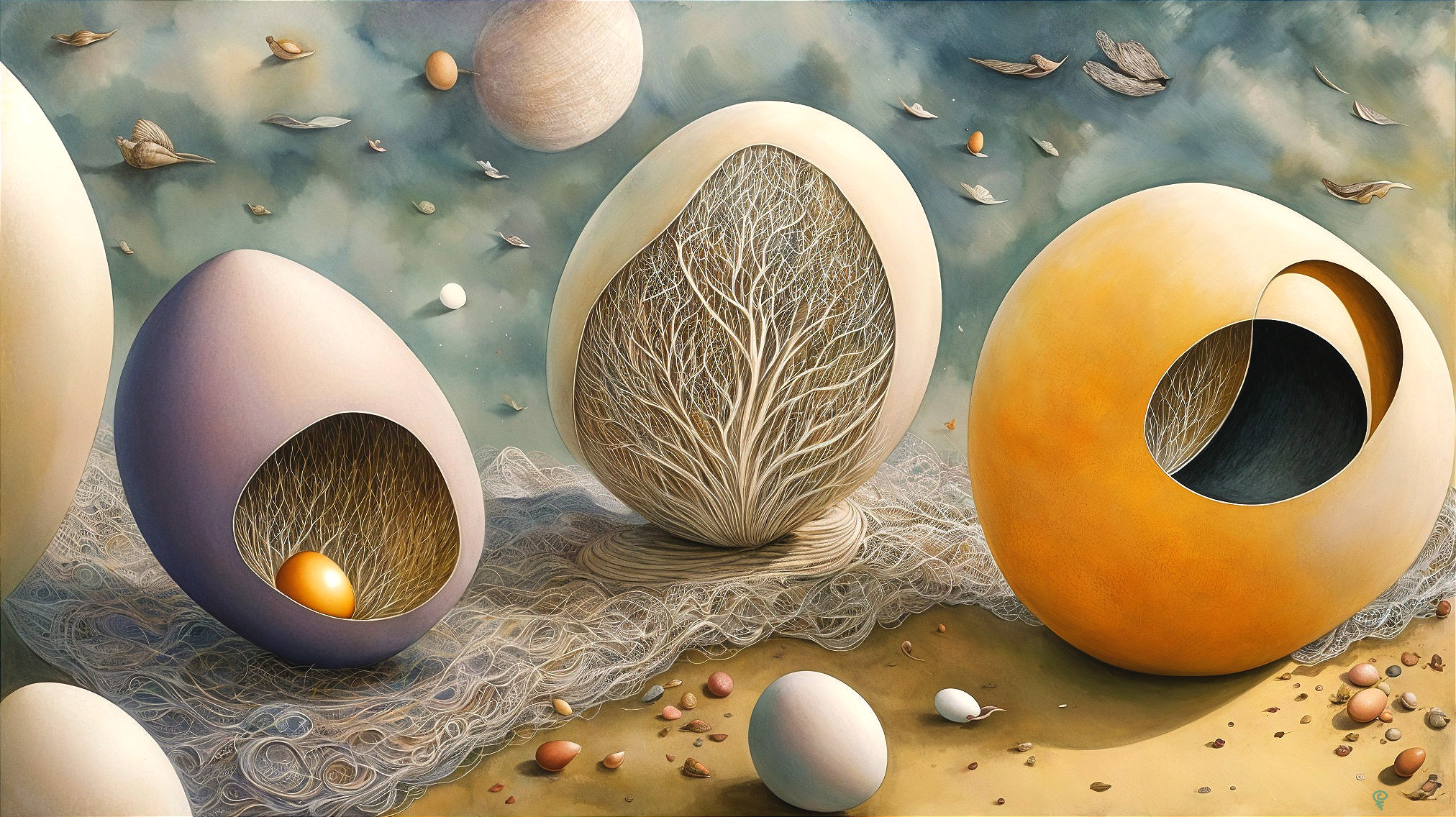 Surreal landscape with oversized eggs and tree structures