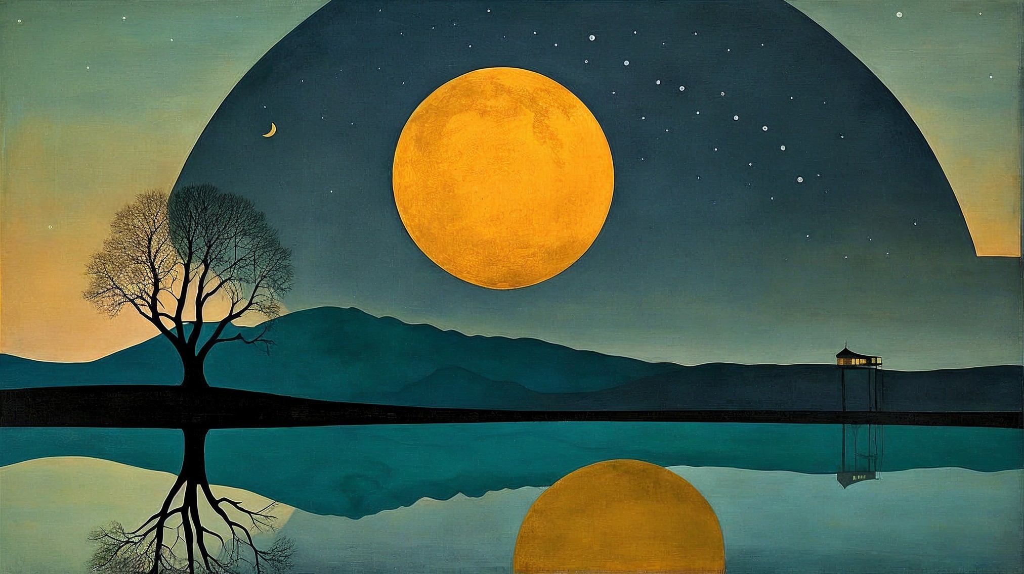 Serene Landscape with Golden and Crescent Moons