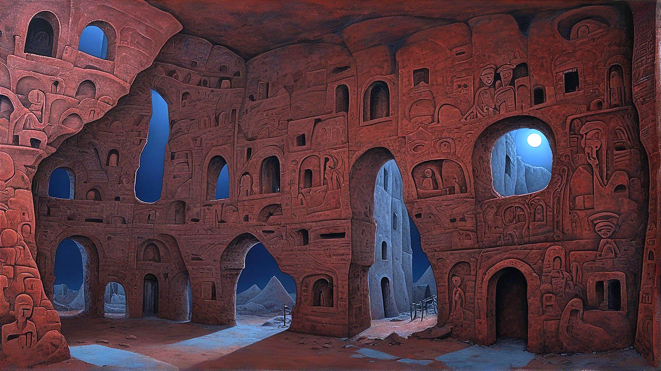 Ancient Cave Structure with Intricate Carvings and Moonlight