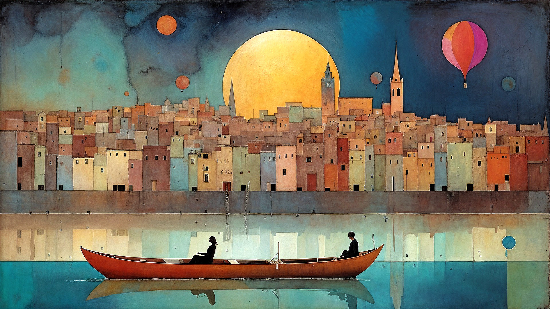 Serene cityscape at dusk with vibrant sunset hues