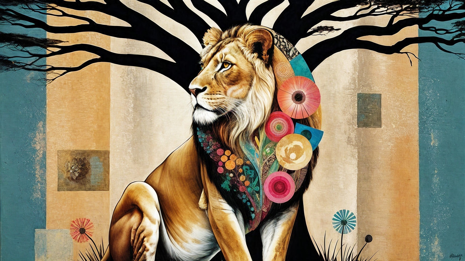 Majestic lion with vibrant patterns and stylized tree