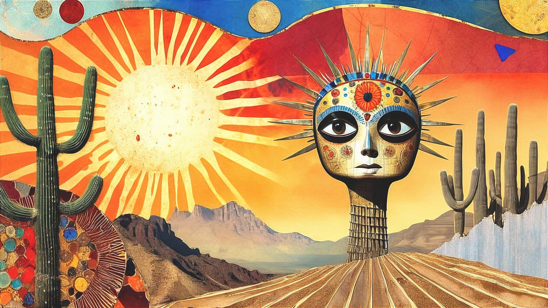 Surreal Landscape with Abstract Figure and Colorful Sky
