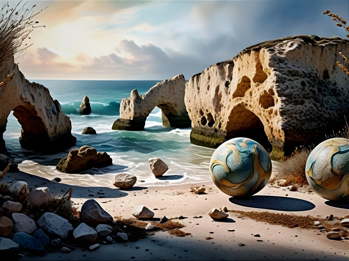 Serene Coastal Landscape with Marbled Spheres and Waves