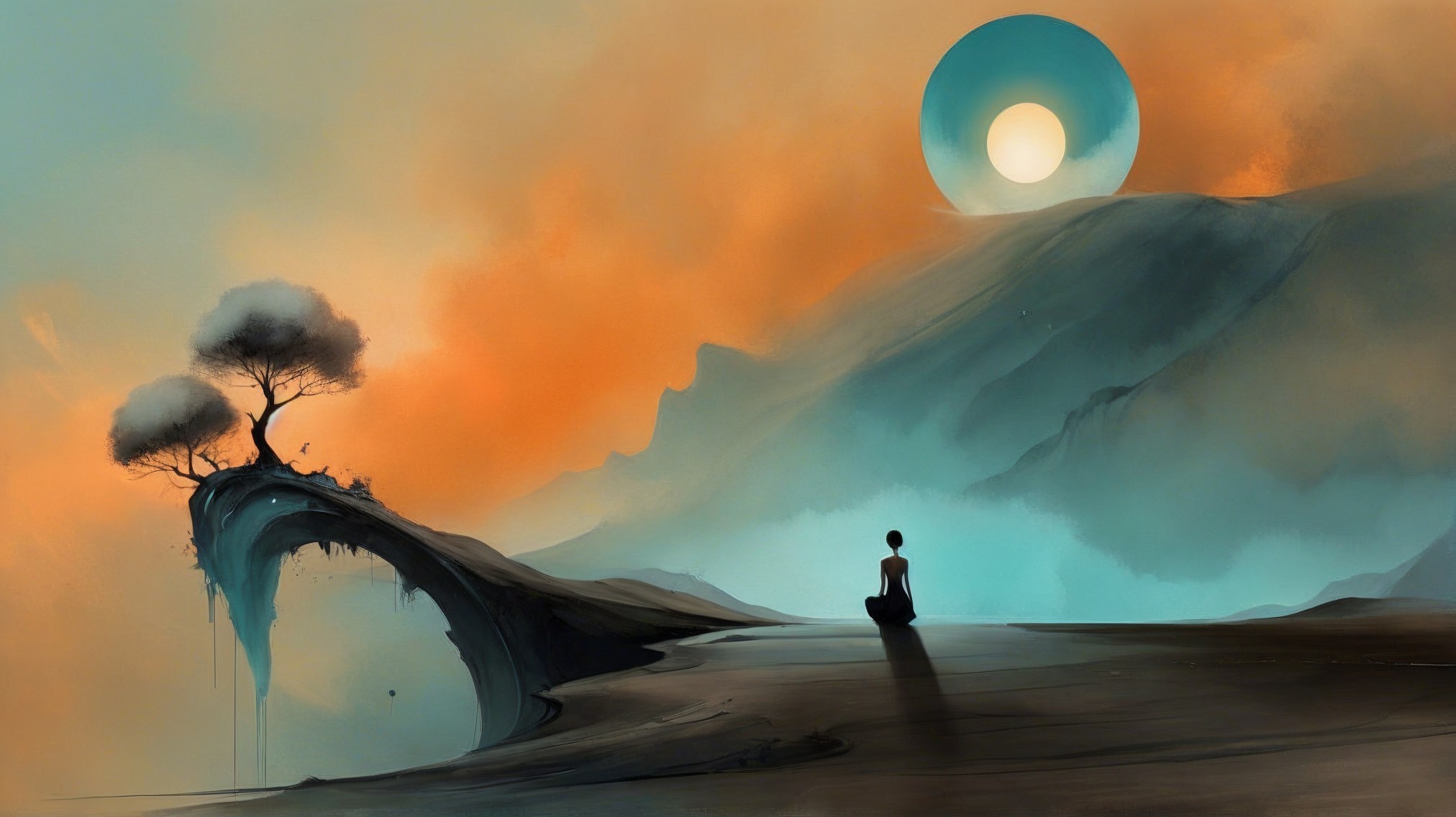 Serene Landscape with Figure on Cliff and Luminous Sun