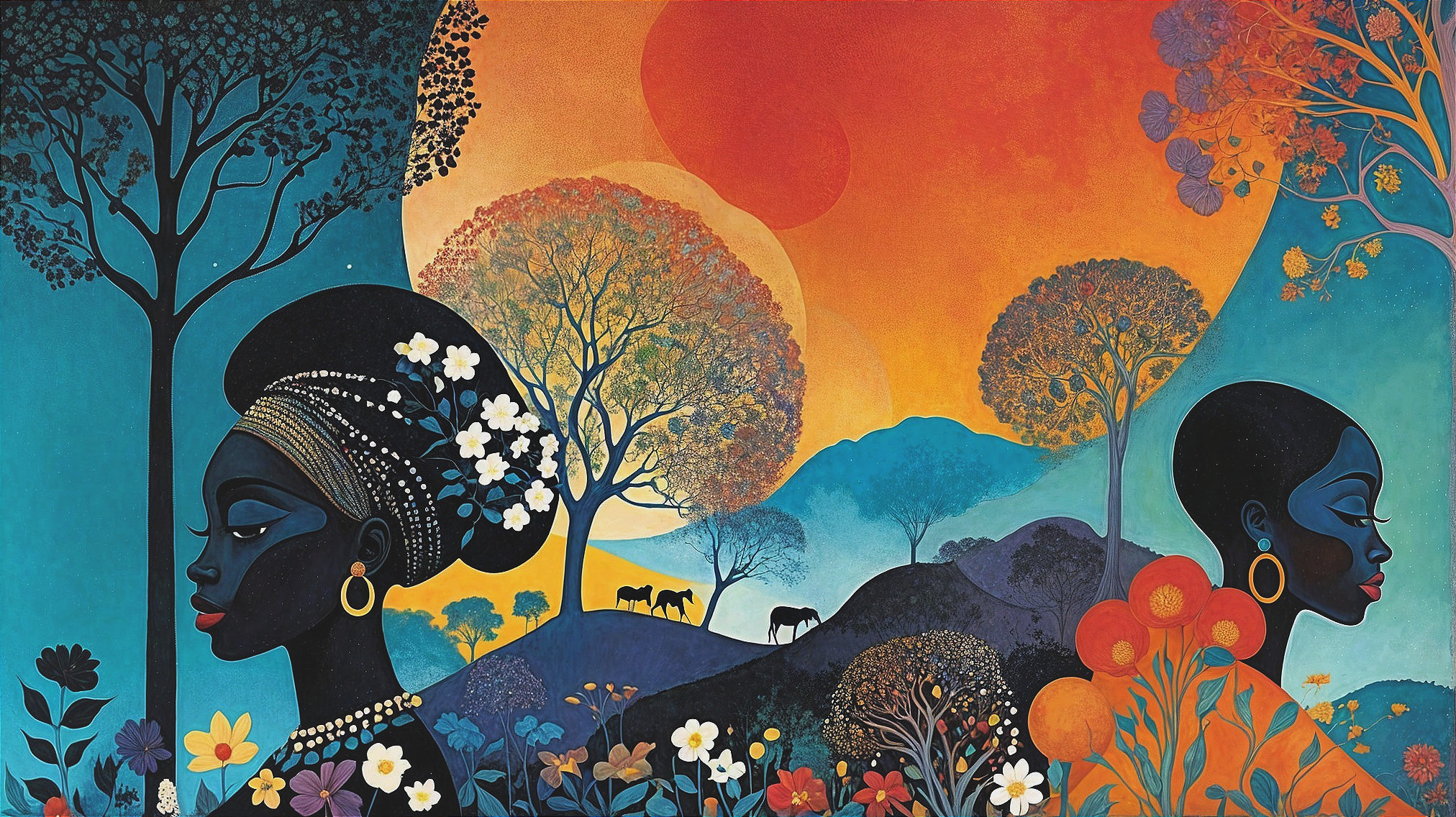 Vibrant Artwork of Women Against Colorful Landscape