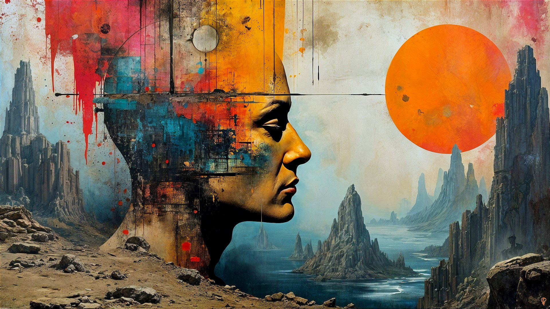 Surreal Landscape with Stylized Human Head and Sun