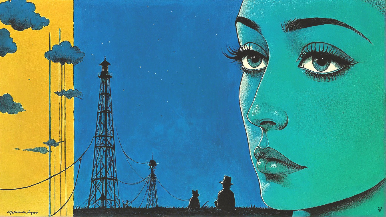 Profile of a Woman with Teal Skin and Oil Rig Background