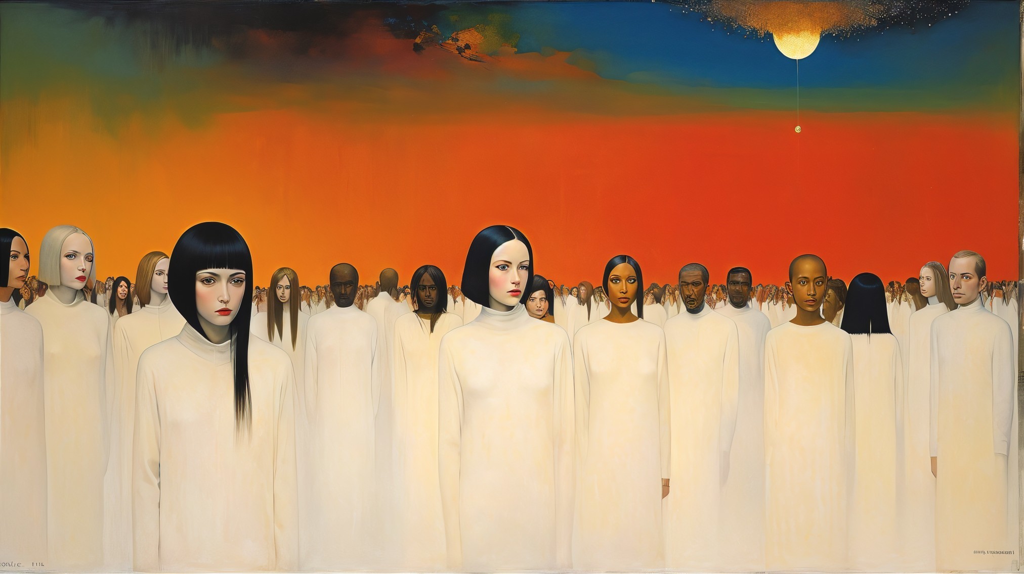 Diverse Figures in Flowing Garments at Sunset