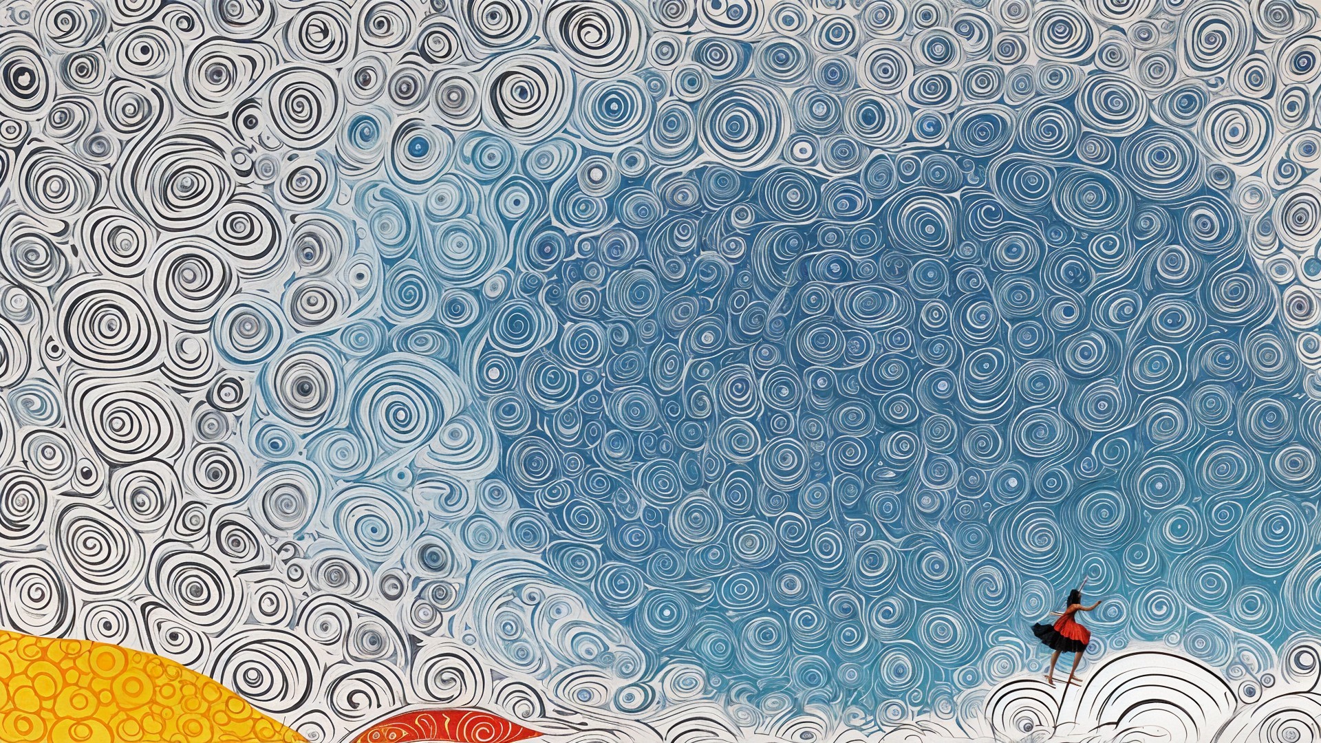 Swirling Sky Patterns with Figure in Red Outfit