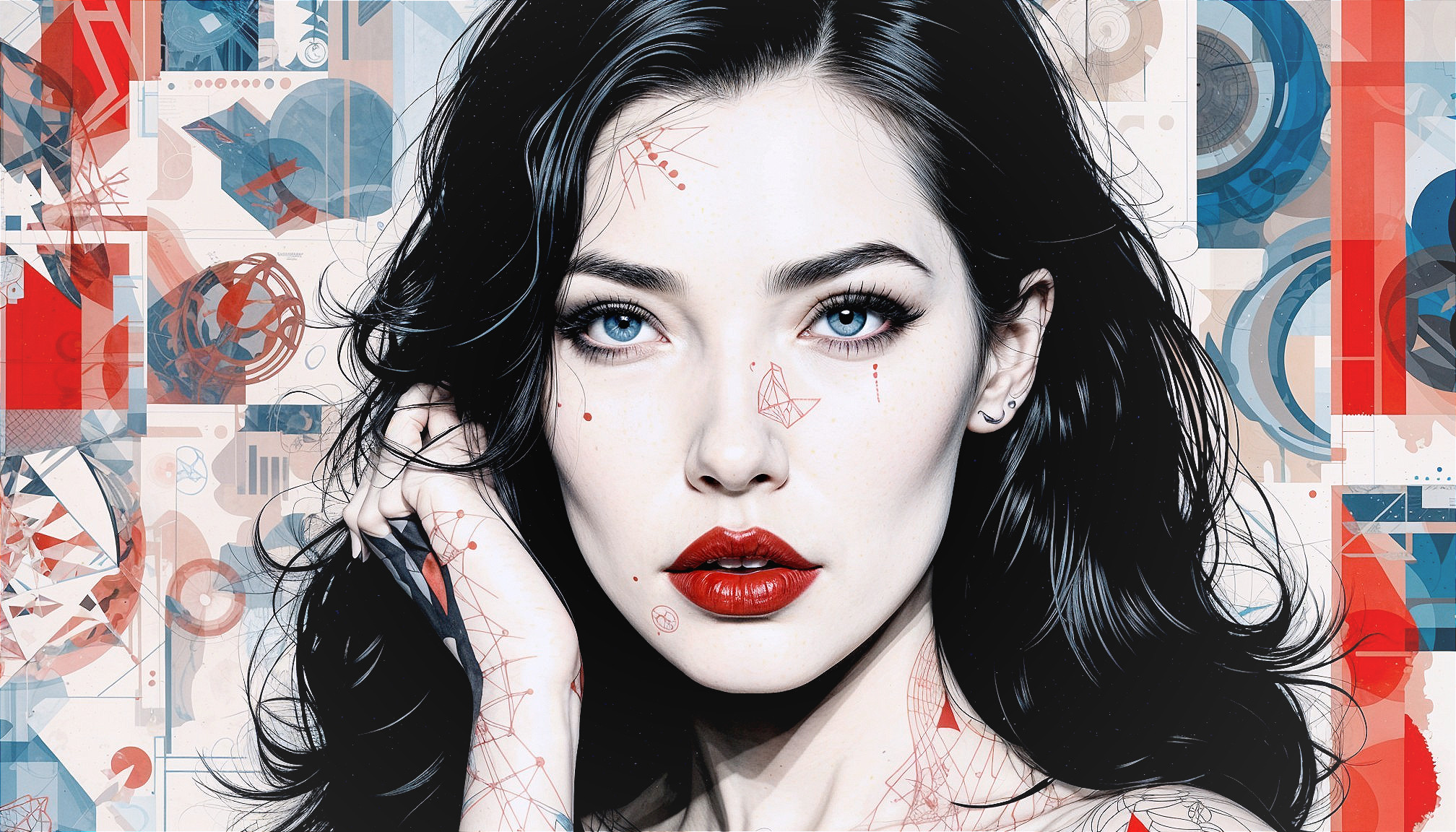 Portrait of a Woman with Blue Eyes and Red Lips