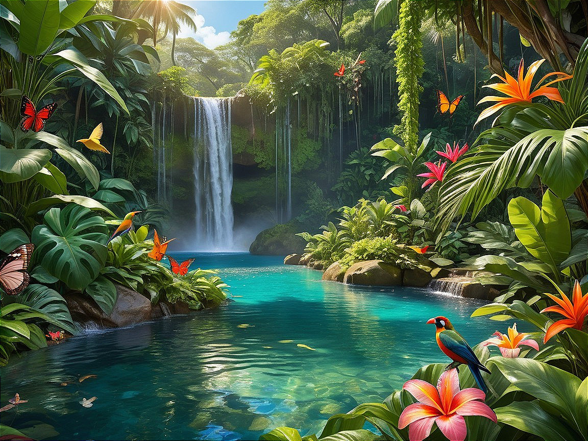 Tropical Paradise with Waterfall and Lush Greenery
