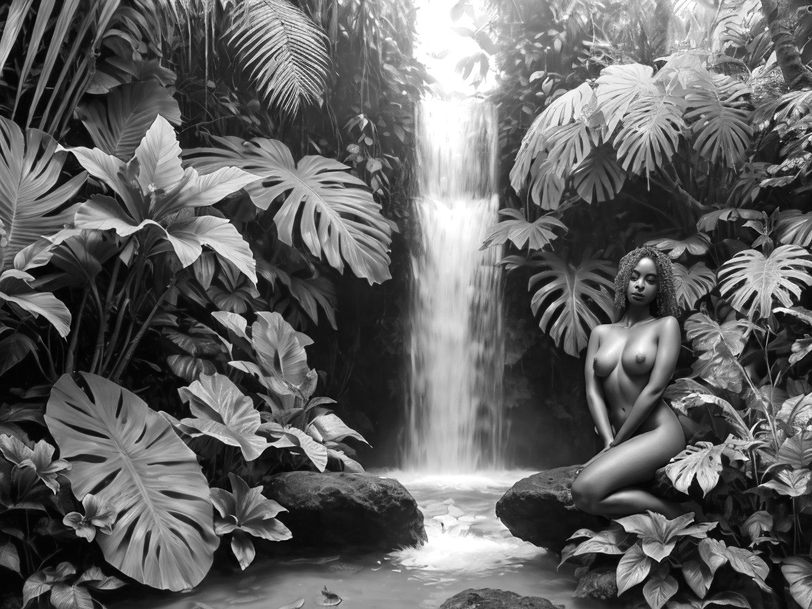Black-and-white image of a tranquil tropical scene